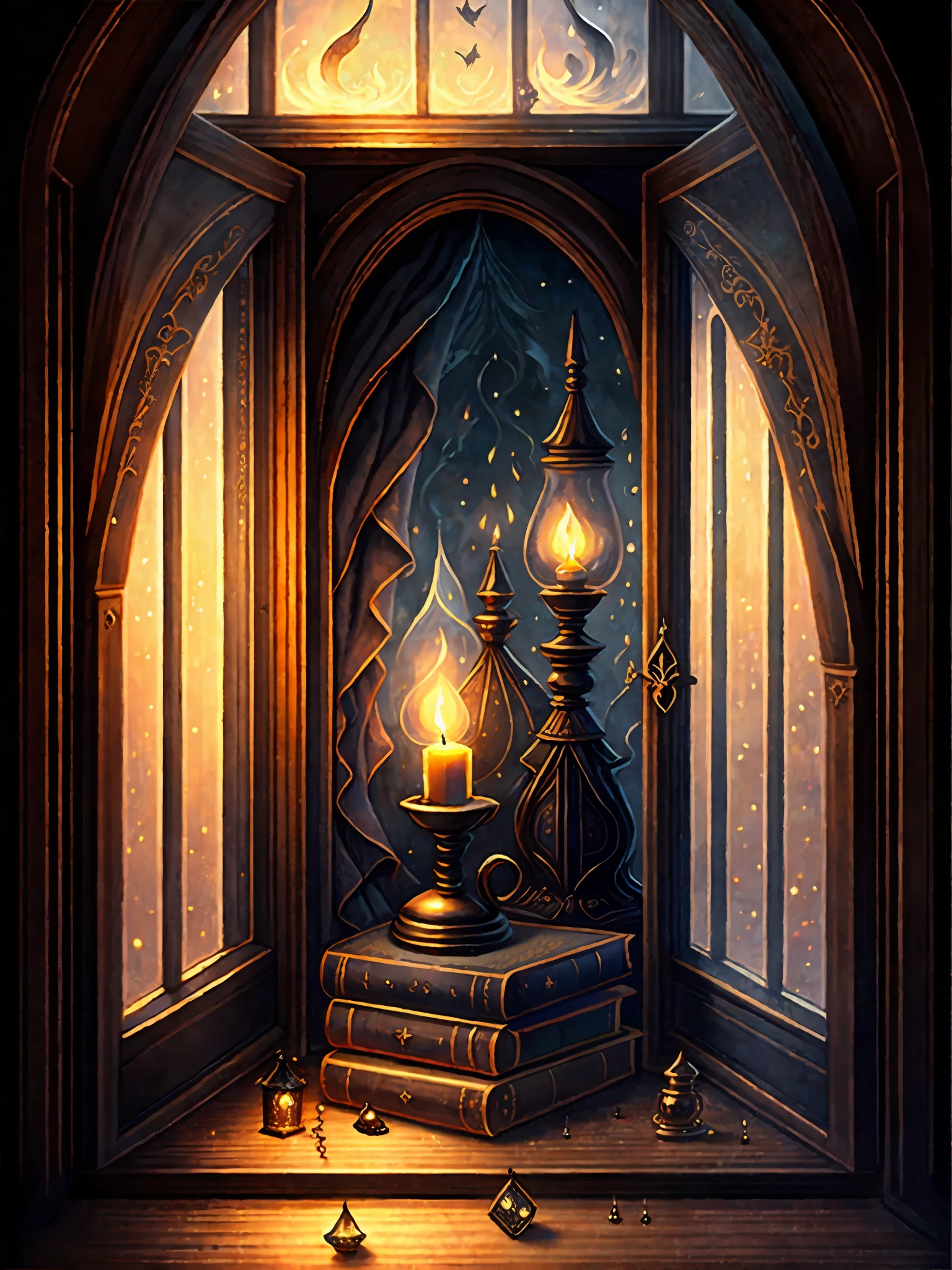 A table with lots of books next to the window, dark fantasy digital art, cat witch oil painting, holding spell book, black background pinterest, casting spells on potions, lab, ominous atmosphere, dripping candles, dusty library, alchemy, earth magic, hecate