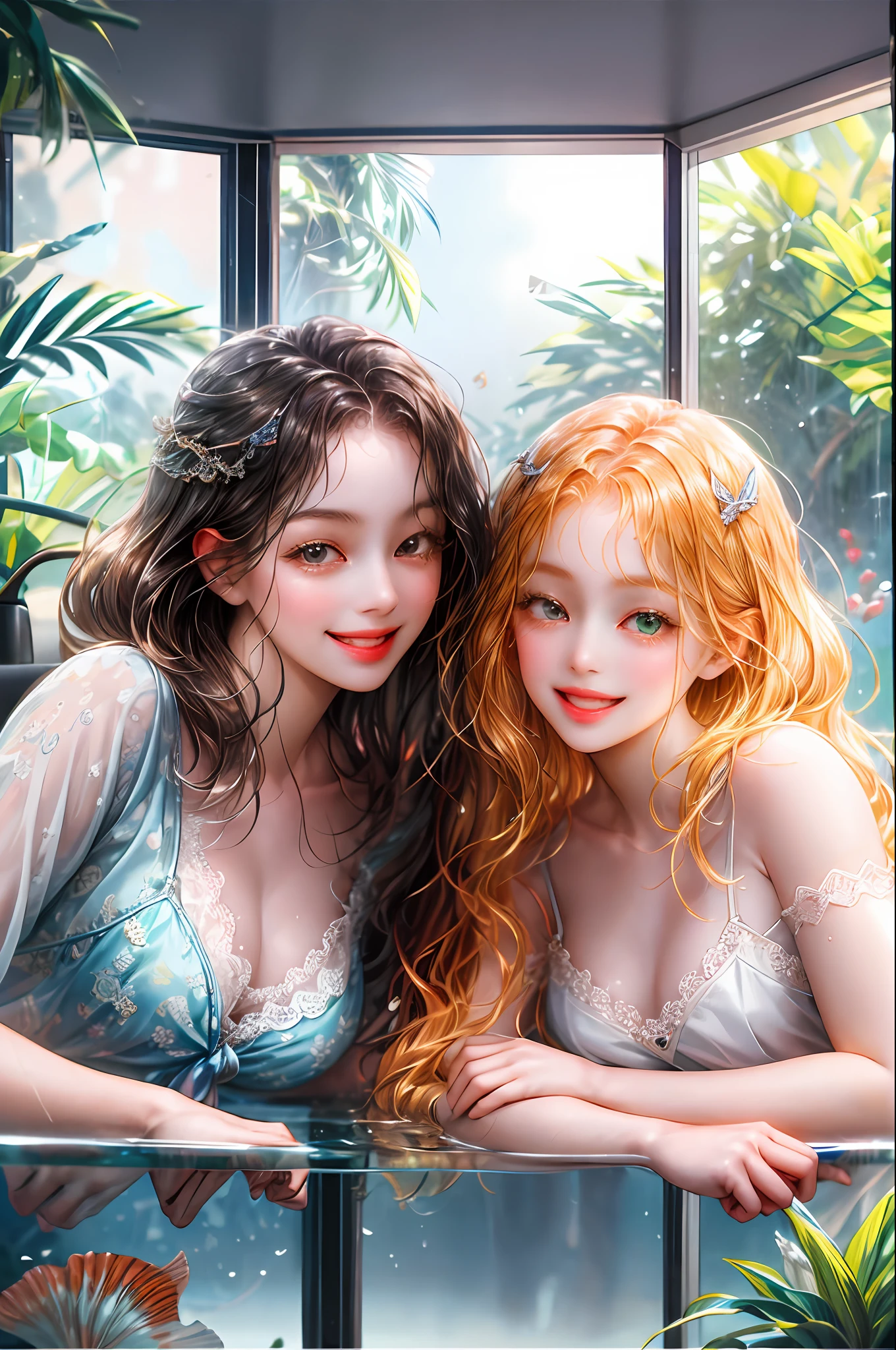 Two girl girls smiling happily seeing her pet fish in a fish tank, and the other next to this looking at her lovingly, are in a room the fish in the fish tank with water she seeing it through the glass, a beautiful fish