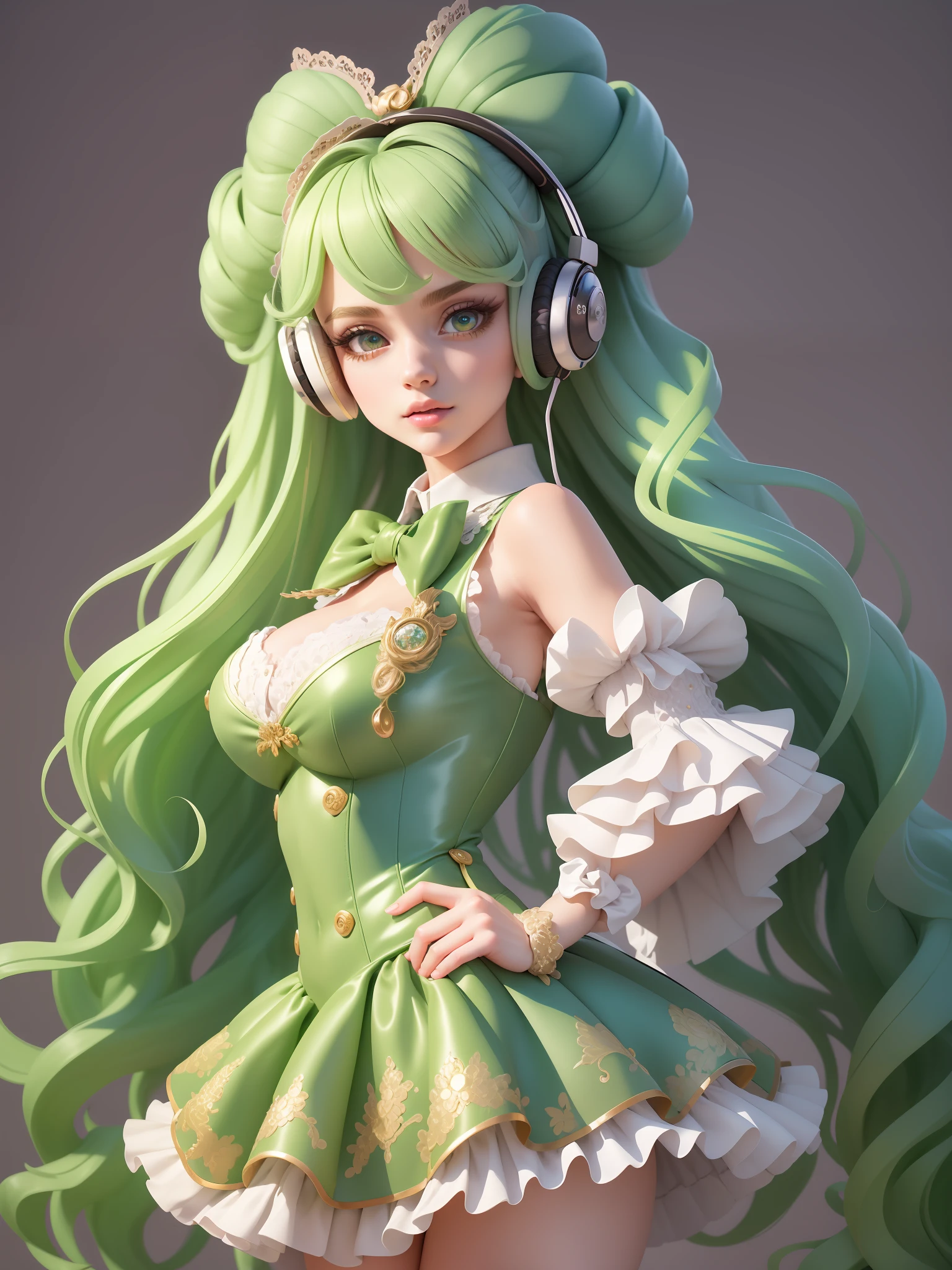 (masterpiece),(best quality),(ultra-detailed), (full body:1.2), 1girl, solo, upper body, long curly hair,song suit, pompadour skirt, slim and beautiful vest, lace shirt, Bubble sleeves, sequin, bow, plaid, green hair, Headphones, Long Hair, standing microphone, (beautiful detailed face), (beautiful detailed eyes),