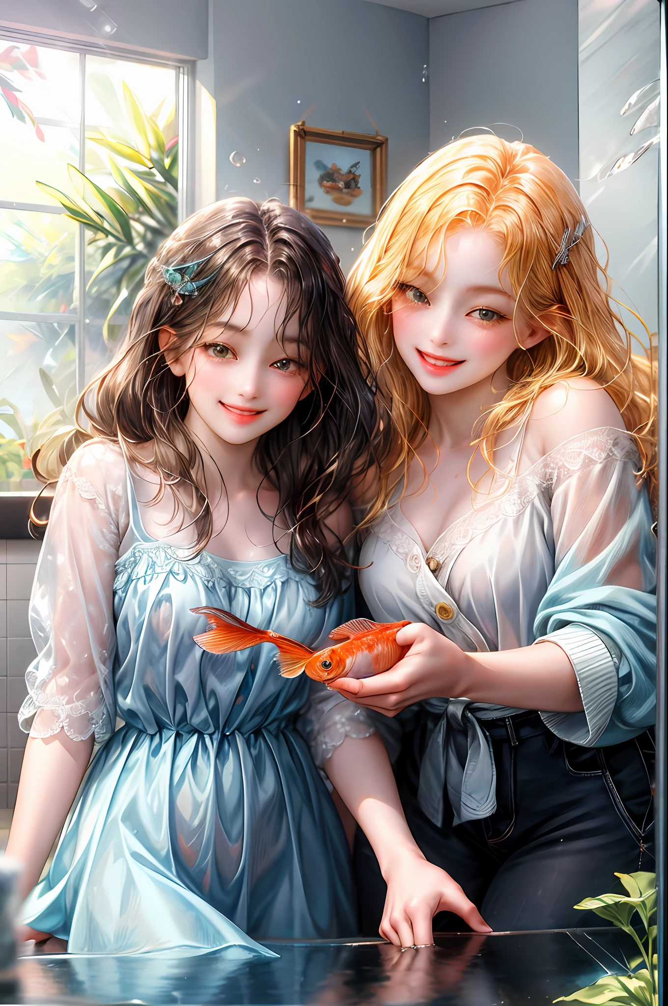 Two girl girls smiling happily seeing her pet fish in a fish tank, and the other next to this looking at her lovingly, are in a room the fish in the fish tank with water she seeing it through the glass, a beautiful fish