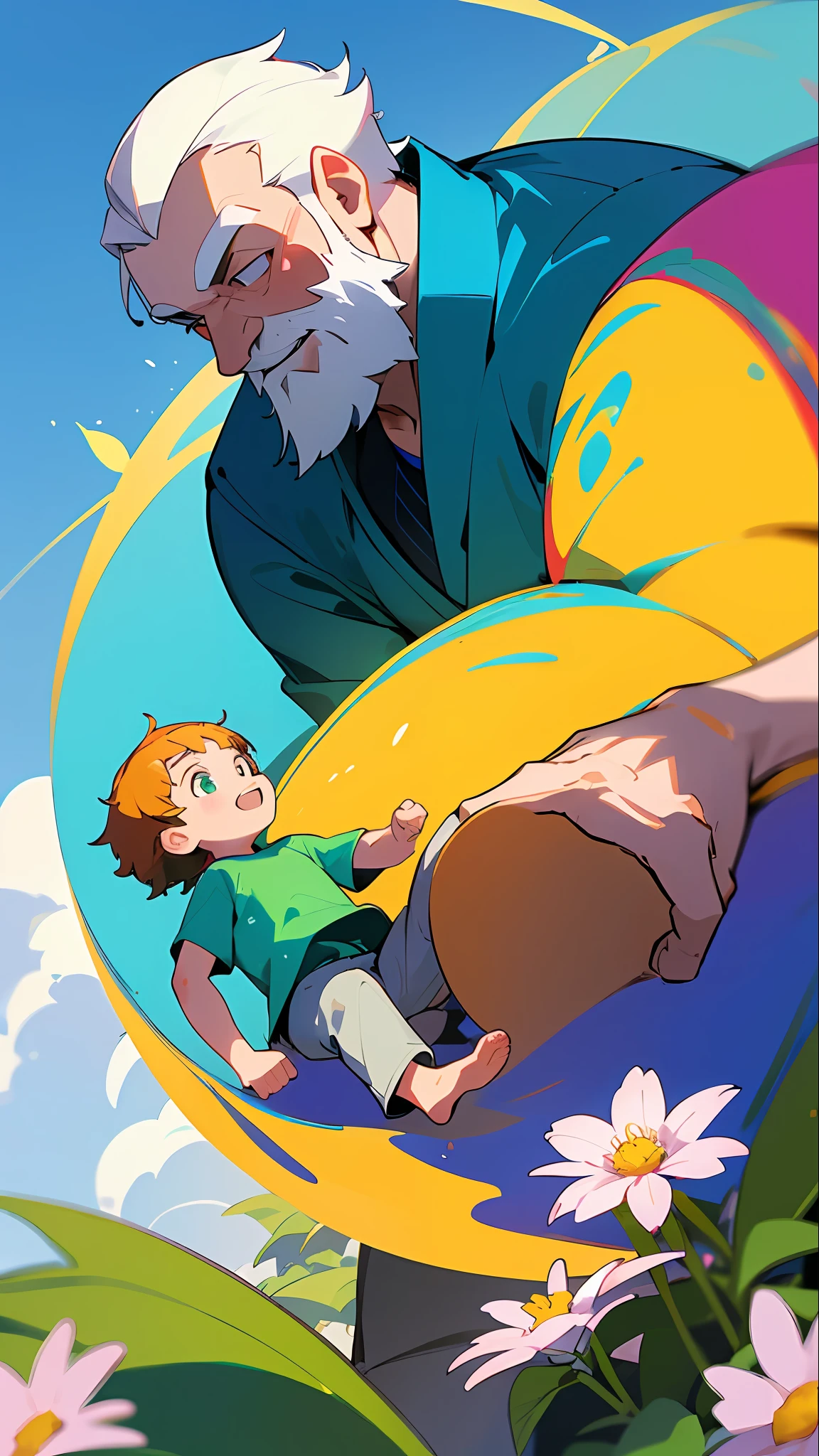 Illustration poster, flat illustration, (((Father's Day))), (((tall mature middle-aged father and child))), father with beard, shirt, clear facial features, smile happiness on face, outdoors, sunny, blue sky and white clouds, flowers and green plants in the foreground, colorful, highly saturated, contour light, warm and bright, colorful, HD 8K, colored light particles, heterochromatic, (color: 1.5) ,--v6