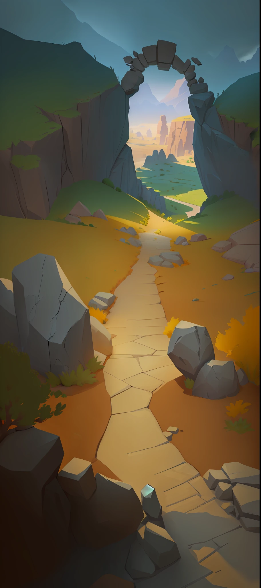 cartoon scene of a path through a rocky landscape with a stone arch, stylized concept art, stylized game art, painted as a game concept art, rocky environment, stylized shading, stylised textures, stylised hand painted textures, odin's stone arena background, detailed game art, sand and desert environment, arena background, detailed environment, game environment, background art