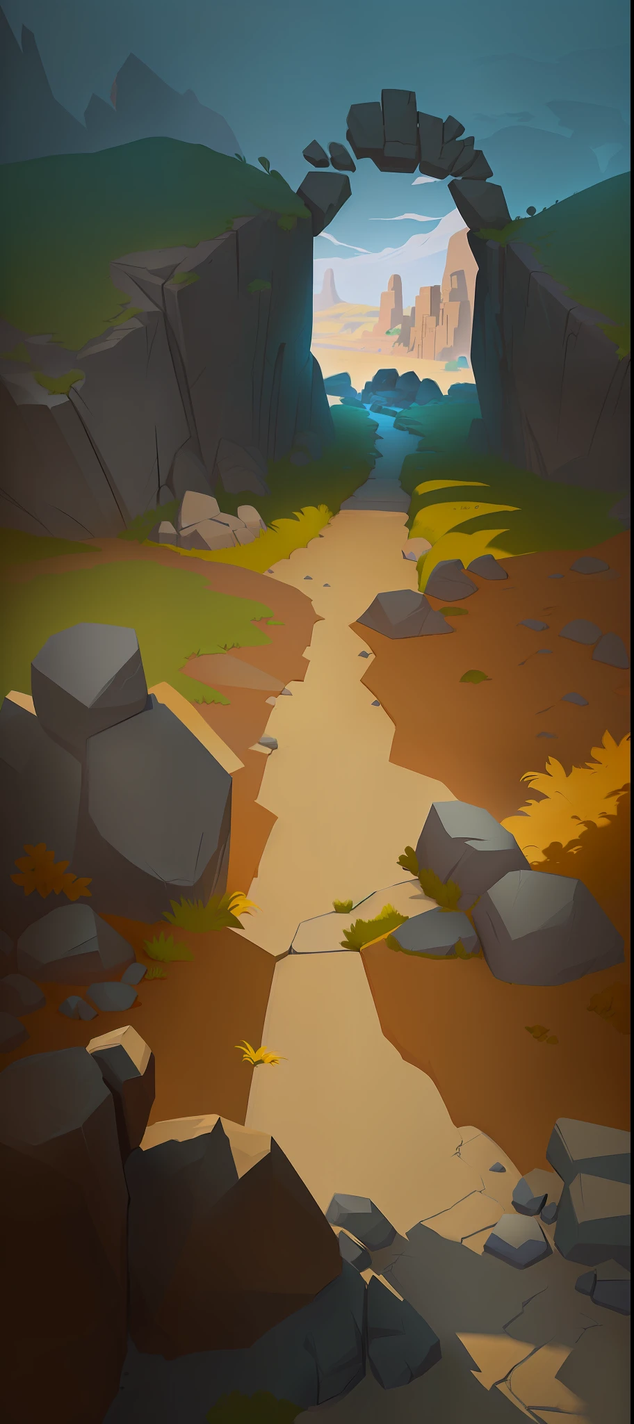 cartoon scene of a path through a rocky landscape with a stone arch, stylized concept art, stylized game art, painted as a game concept art, rocky environment, stylized shading, stylised textures, stylised hand painted textures, odin's stone arena background, detailed game art, sand and desert environment, arena background, detailed environment, game environment, background art