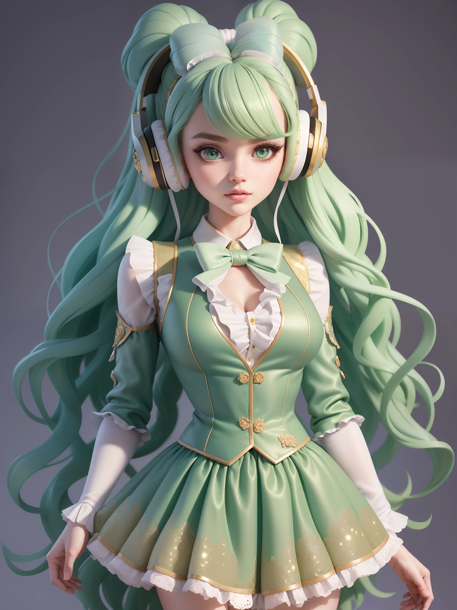 (masterpiece),(best quality),(ultra-detailed), (full body:1.2), 1girl, solo, upper body, long curly hair,song suit, pompadour skirt, slim and beautiful vest, lace shirt, Bubble sleeves, sequin, bow, plaid, green hair, Headphones, Long Hair, standing microphone, (beautiful detailed face), (beautiful detailed eyes),