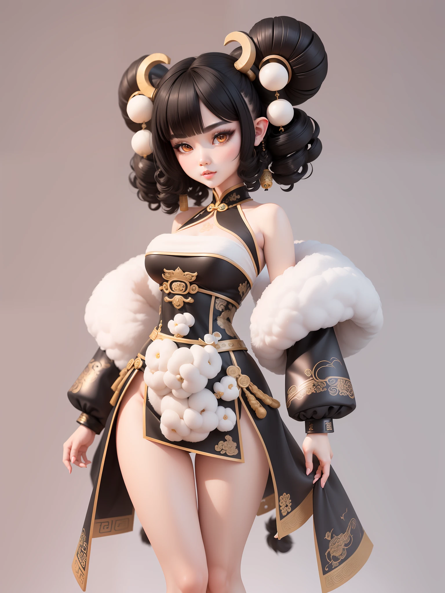 (masterpiece),(best quality),(ultra-detailed), (full body:1.2), (1 girl), Chinese style, (ancient china), (russ mills style), black hair, (short hair), (dango curls hair), (white skin), (brown eye), cute, sheep's horns, fur beautiful clothes, long skirts, (beautiful detailed face), (beautiful detailed eyes),