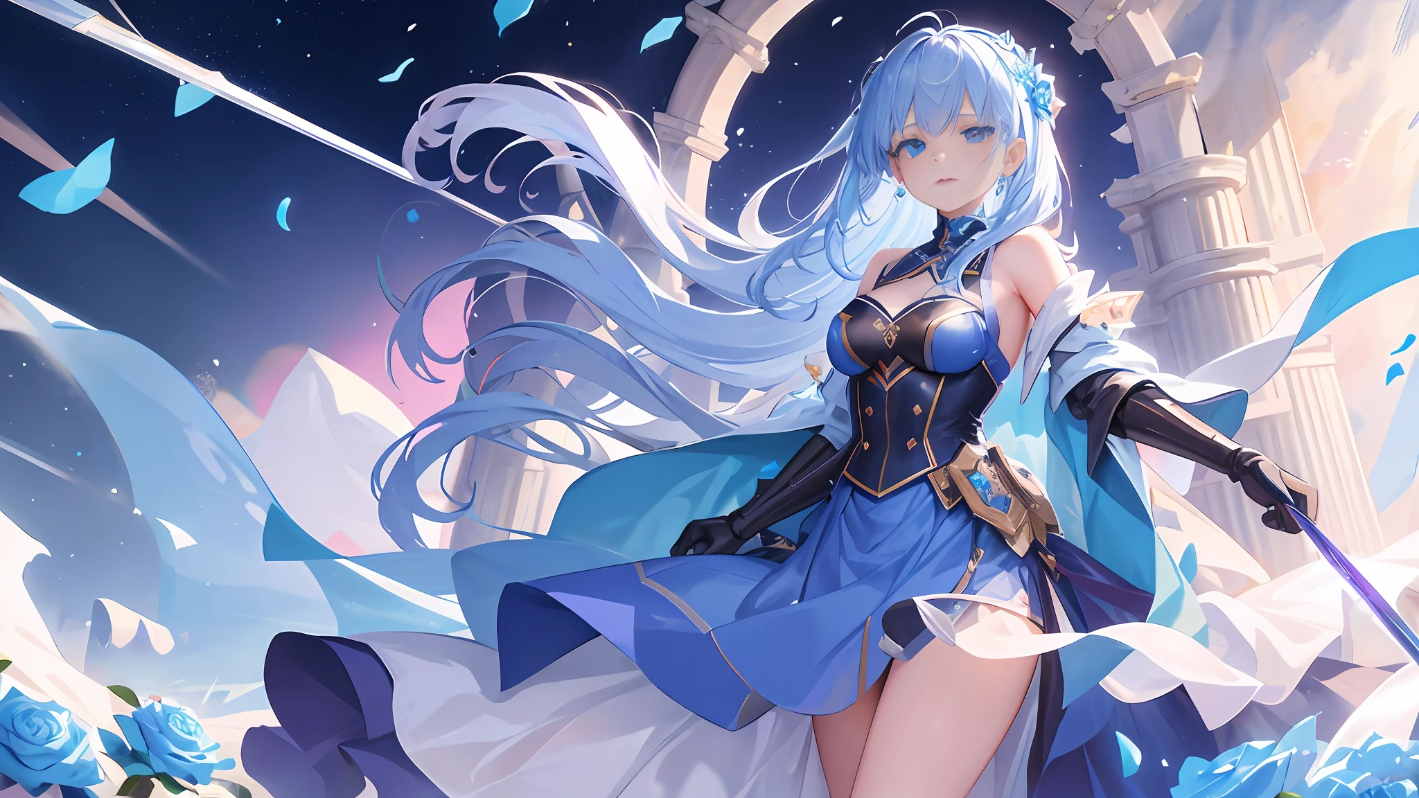 In a frozen battlefield, surrounded by a sea of lightly glowing blue roses, stood a young girl in armor. She looked to be around twenty years old, with sapphire blue hair that cascaded down her back in wild curls and matching blue eyes that sparkled like gems. She stood amidst a pile of bodies, her sword held tightly in her hand.
The girl was not frozen in time, but rather encased in a layer of ice that had preserved her youth and beauty. She had been locked in this icy prison for as long as anyone could remember, a symbol of a long-forgotten battle that had raged on this very spot.
The battlefield was barren and desolate, except for the sea of blue roses that seemed to glow in the frozen sunlight. The flowers were the only signs of life in this icy wasteland, and they seemed to have a life of their own. They swayed in the cold breeze, their petals fluttering gently like a soft whisper.
The girl stood amidst the blue roses, her eyes scanning the battlefield for any signs of life. She had been frozen here for so long that she had lost count of the years. She had seen many battles in her time, but this one had been particularly brutal. The bodies around her were a testament to the fierce fighting that had taken place here.
Despite the horror of the scene, the girl showed no signs of fear or sadness. She seemed almost serene, as if she had come to terms with the fate that had befallen her. Her armor was dented and scratched, but it still gleamed in the frozen sunlight, a reminder of the strength and courage that had brought her to this place.
As she stood there, surrounded by the bodies of fallen soldiers, the girl knew that her time would come. She had been waiting for so long for someone to find her, to free her from this icy prison. But until that day came, she would stand guard over this desolate battlefield, her sword at the ready, her eyes scanning the horizon for any signs of life.
And so, the girl in armor stood frozen in time, her sapphire blue hair and eyes a beacon of hope in a world that had long forgotten her. The battlefield was silent except for the soft whisper of the blue roses, a reminder that life still existed even in the midst of death and destruction.
