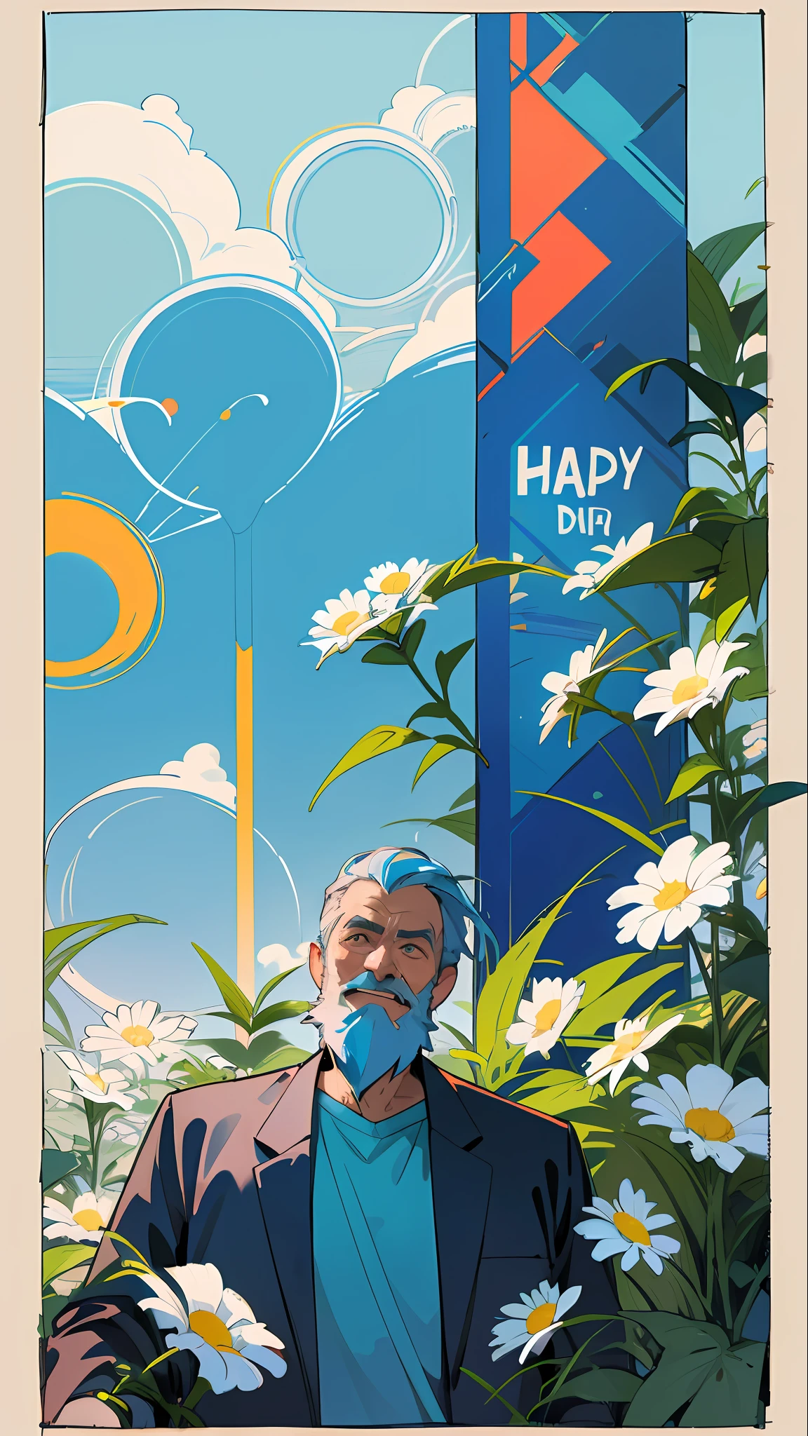 Illustration poster, flat illustration, (((Father's Day))), (((tall mature middle-aged father))), father with beard, shirt, clear facial features, smile happiness on face, outdoors, sunny, blue sky and white clouds, flowers and green plants in foreground, colorful, highly saturated, contour light, warm and bright, colorful, HD 8K, colored light particles, heterochromatic, (color: 1.5) ,--v6