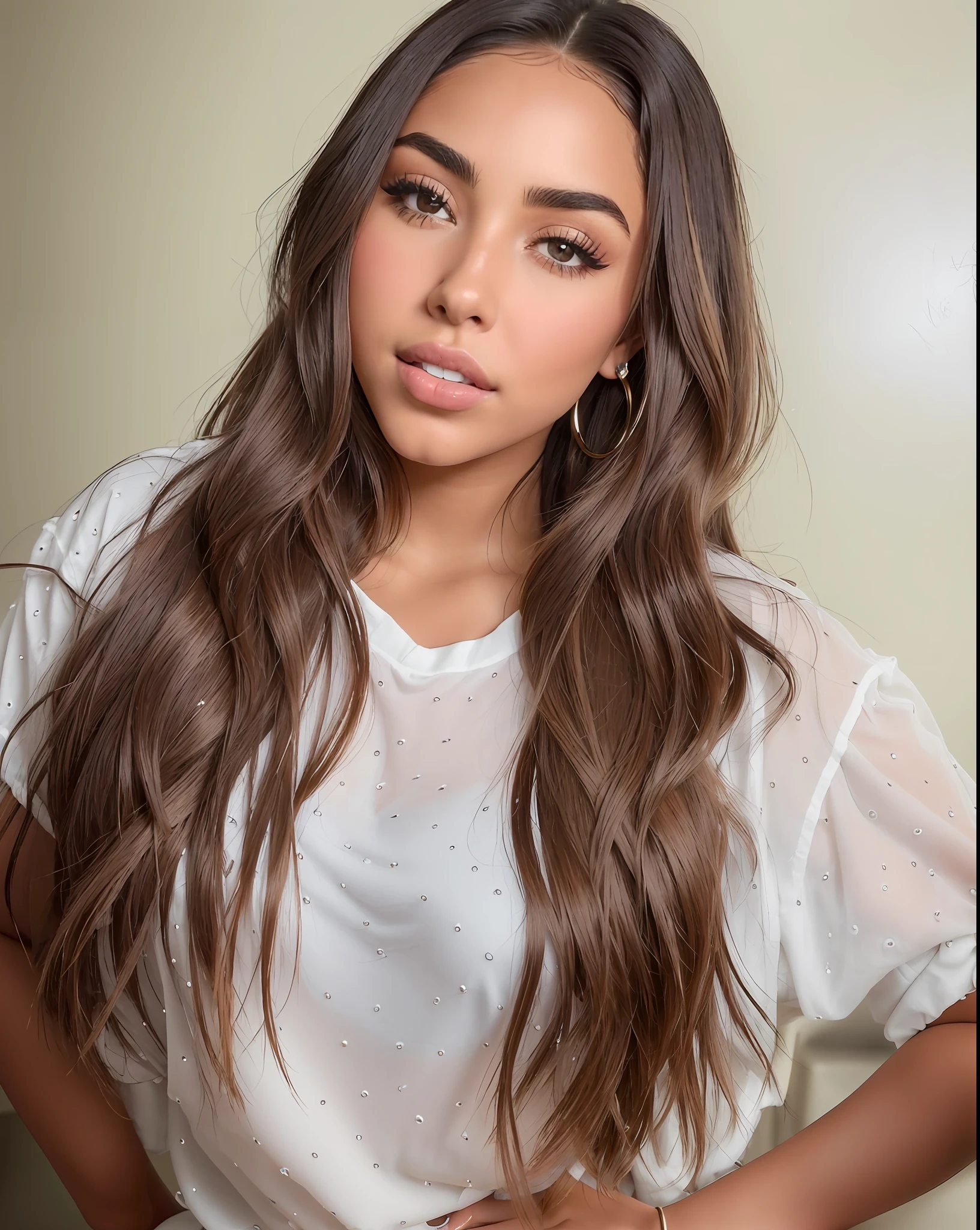 a closeup of an anitta singer woman with long hair wearing a white shirt, Madison Beer, Madison Beer Girl Portrait, Olivia Culpo, brunette with dyed brown hair, Violet Myers, gorgeous Latino face, portrait of Demi Rose, long brown hair, Soft Devil Queen Madison Beer, brown hair with bangs, dark brown hair and tanned skin, by Robbie Trevino