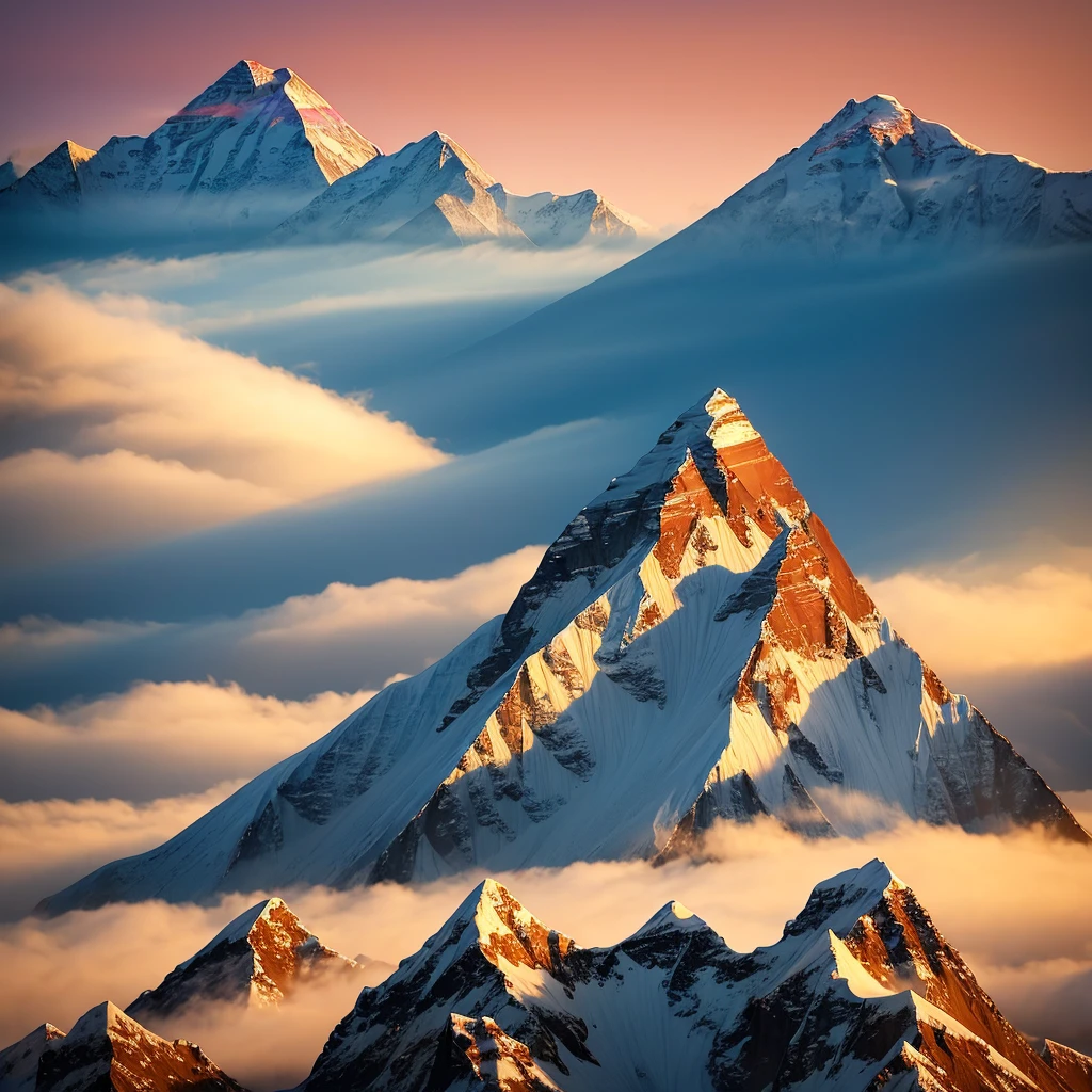 (Digital Painting), (Best Quality), Majestic Mount Everest, Cloudy Fog, Best Quality, Masterpiece, High Painting, Ink Bissim, Wukasuo, Bonian, Zhenbanqiao, Badarshan Man, Mountain Horizon, River, Forest, Village, Sunset, Popular Deviant Art, Ultra-realistic 8K, Soft Colors, Soft Lighting, Golden Hour, Calm Atmosphere, Horizon