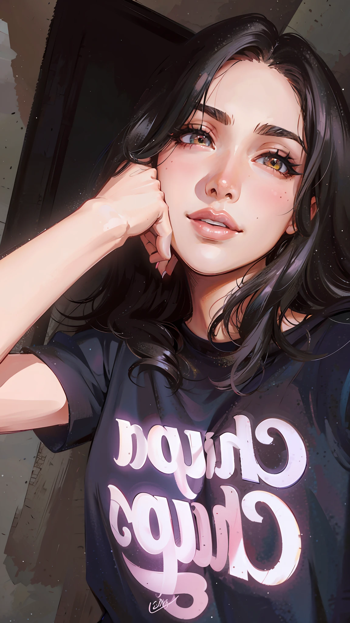 (masterpiece),(best quality:1.0), (ultra highres:1.0), detailed illustration, 8k, anime, 1girl, beautiful anime girl, wearing a black top, pretty face, detailed face, slightly smiling beautiful eyes, detailed eyes, dark eyes, pretty lips, beautiful stylish hair, highlights in hair, anime style, best quality, vibrant