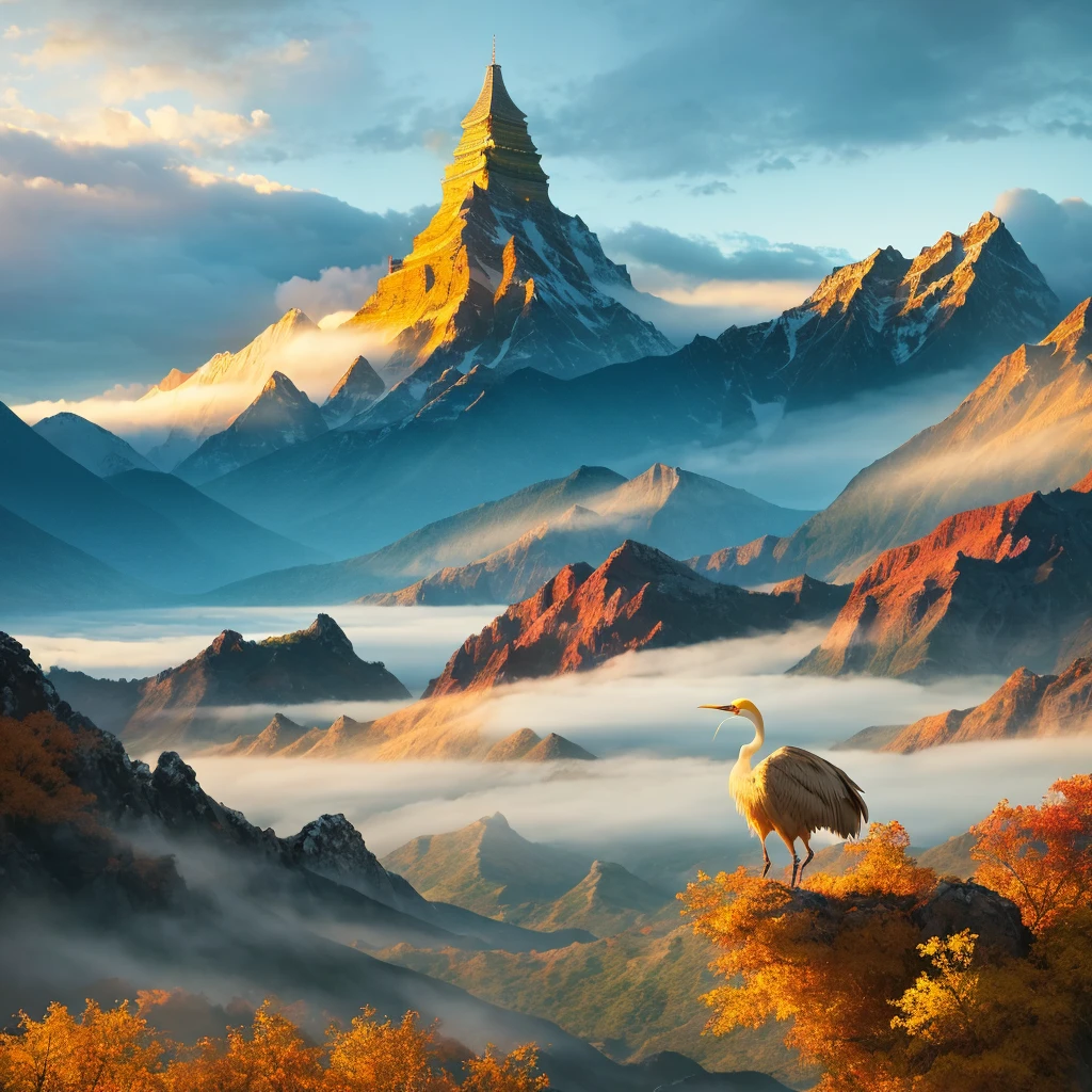 (Digital Painting), (Best Quality), Majestic Yellow Crane Tower, Cloudy Fog, Best Quality, Masterpiece, High Painting, Ink Bishim, Wuchang Shuo, Bonian, Zhenbanqiao, Badarshan People, Mountain Horizon, River, Forest, Village, Sunset, Popular Deviant Art, Ultra-realistic 8K, Soft Colors, Soft Lighting, Golden Hour, Calm Atmosphere, Horizon