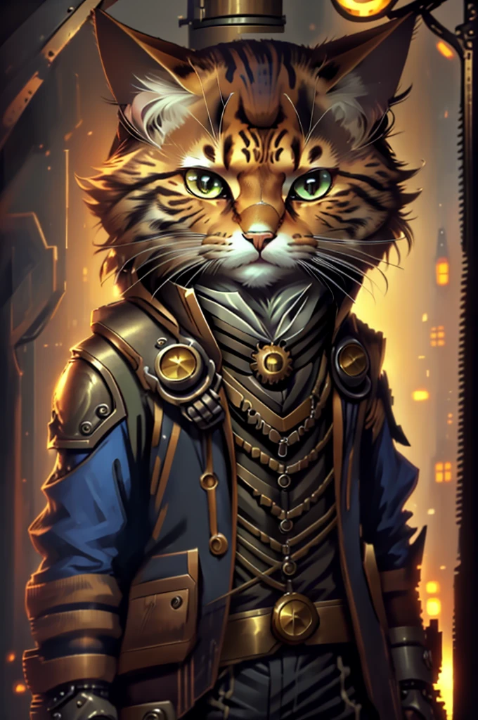 c4ttitude cat steampunk, fullbody, steampunk background
