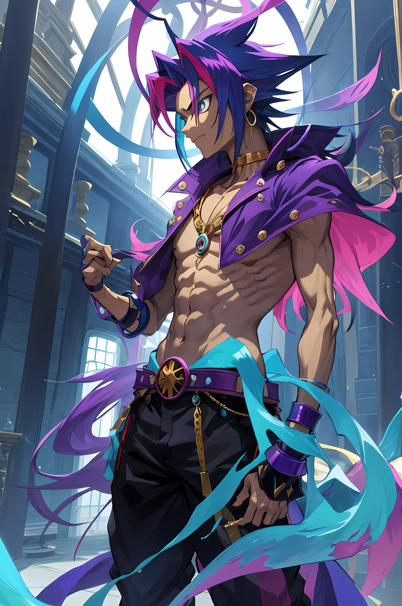 "Living sculpture, perfectly shaped body, multicolored hair, just like Yugi's from Yu-Gi-Oh! Broken chains adorn neck and wrists, in a great magical and adventurous hall, creating a magic circle, with cyan and purple colors in a degrade."