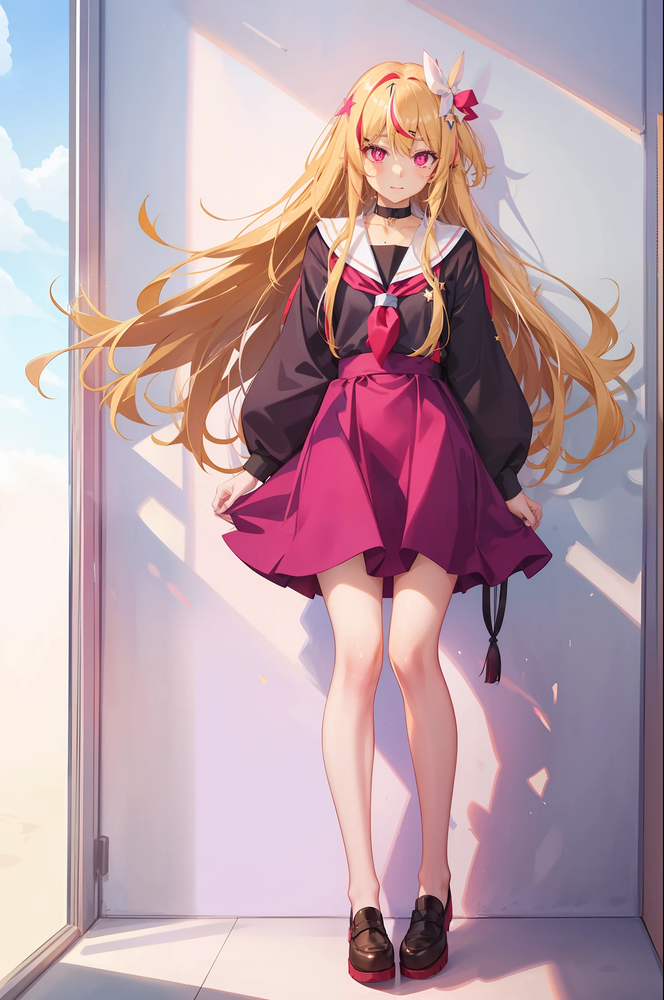 pulledwedgie,pulled by self,wedgie,
Hoshino ruby, long hair, blonde hair, streaked hair , pink eyes, star-shaped pupils, hair ornament, school dress,