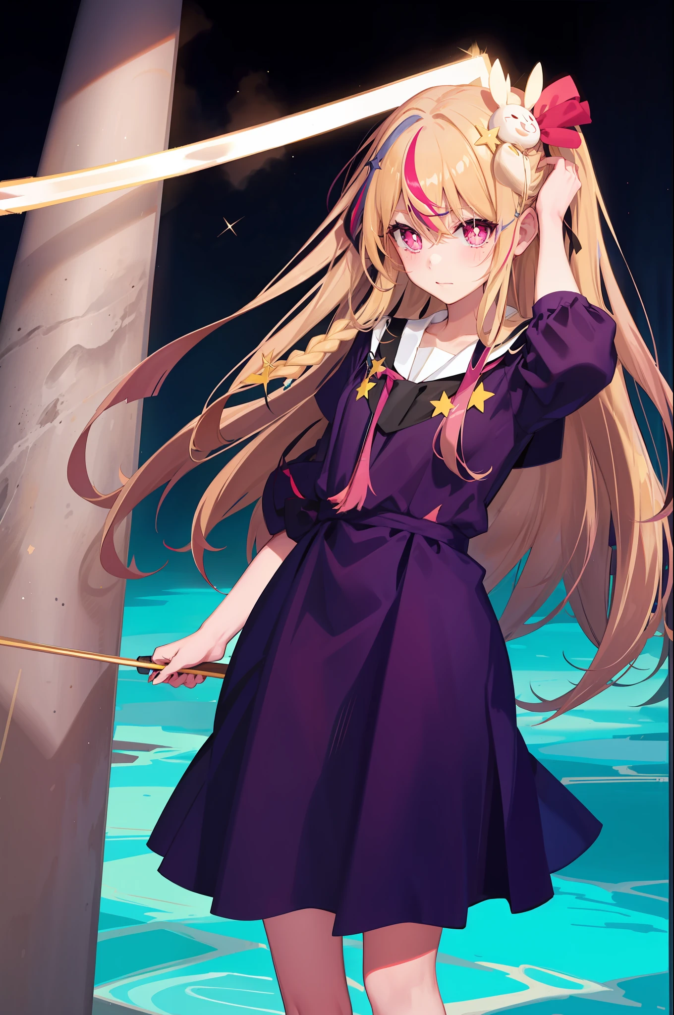 pulledwedgie,pulled by self,wedgie,
Hoshino ruby, long hair, blonde hair, streaked hair , pink eyes, star-shaped pupils, hair ornament, school dress,