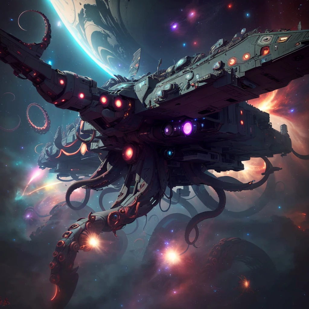 Dark neon lights flicker on the sleek spaceship's metallic shell, as long, corrupted tentacles emerge from the mist with an insectoid inspiration.