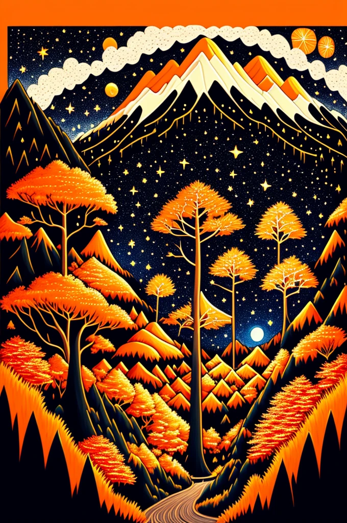 Intricate painting of a detailed japanese forest, by range murata, a meteor shower in the background, shooting stars, meteors, meteor shower, clouds, vivid colors, high contrast, mountain scape, vector line art, orange highlights, trending in pixiv, anime concept art, awesome, matte, high quality, edge-to-edge, van gogh