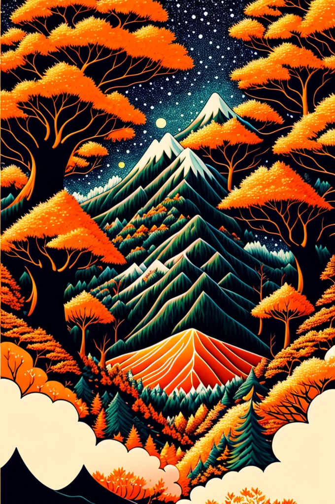 Intricate painting of a detailed japanese forest, by range murata, a galaxy in the background, clouds, vivid colors, high contrast, mountain scape, vector line art, orange highlights, trending in pixiv, anime concept art, awesome, matte, high quality, edge-to-edge, van gogh
