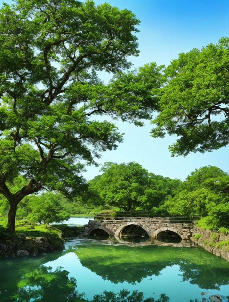 In the vast fields, the turquoise rice fields shine like stars holding the moon. A quaint stone bridge flying over the turquoise rice sea, full of ancient meaning. A delicate watermill spun lightly, and the brisk sound of hitting came from time to time. A huge old tree stands majestically in the field, and its majesty is awe-inspiring. The small bridge of the river flows water, the gurgling water is crystal clear, and there are gentle ripples on the surface of the water. ((There are several young women washing clothes by the river)), and the graceful figure is even more beautiful in the reflection of the setting sun. The whole picture exudes a fresh and natural breath of life, giving people a beautiful feeling of being close to nature and pursuing innocence. The foreground is a big tree