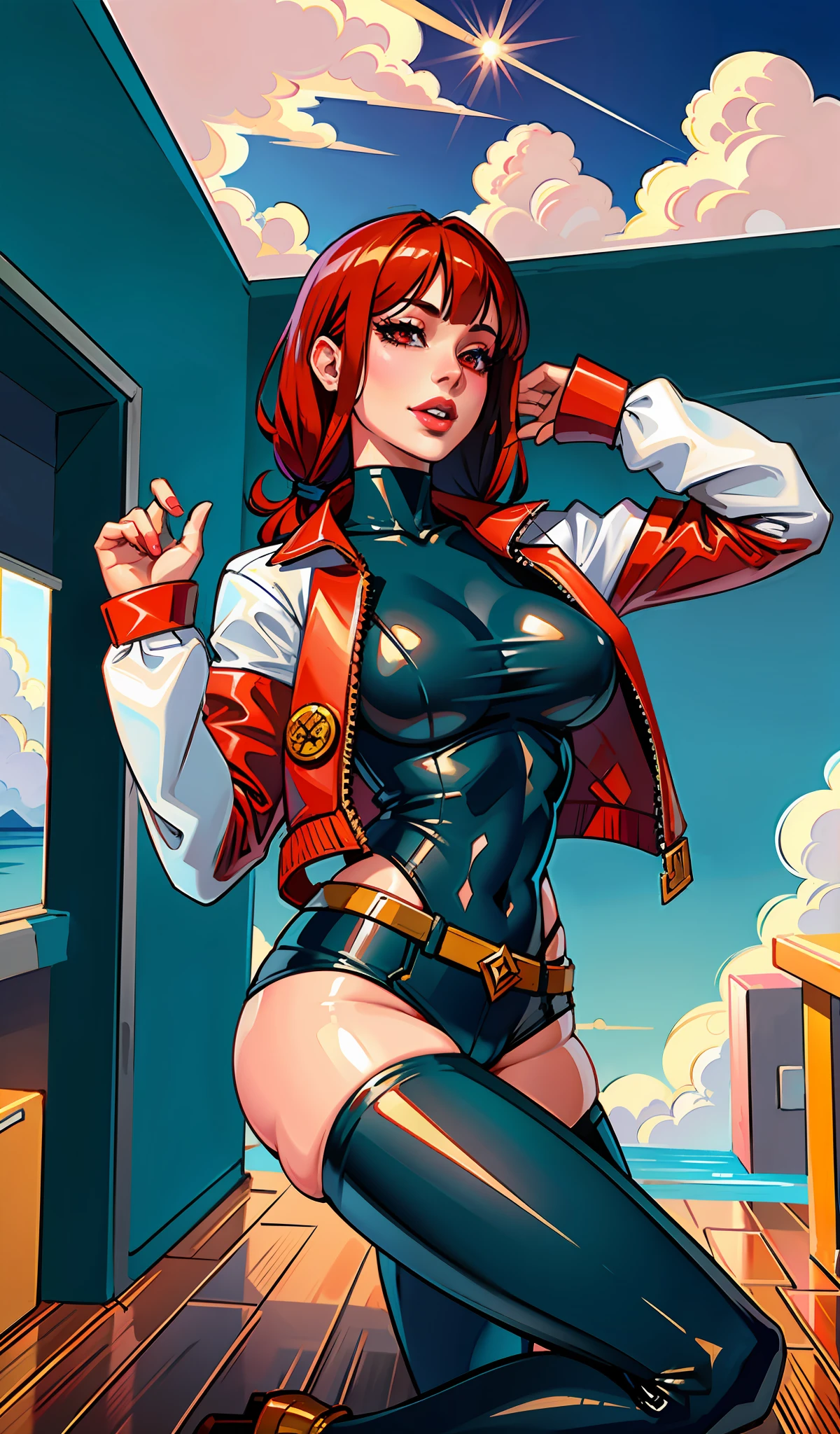 (masterpiece),(best quality:1.0), (ultra highres:1.0), detailed illustration, 8k, anime, 1girl, beautiful anime girl, perfect body, perfect breasts, posing, pretty face, detailed face, beautiful eyes, detailed eyes, dark red eyes, bright red lips, red lipstick, beach, sunny day, bikini, beautiful stylish hair, highlights in hair, bangs anime style, best quality, vibrant