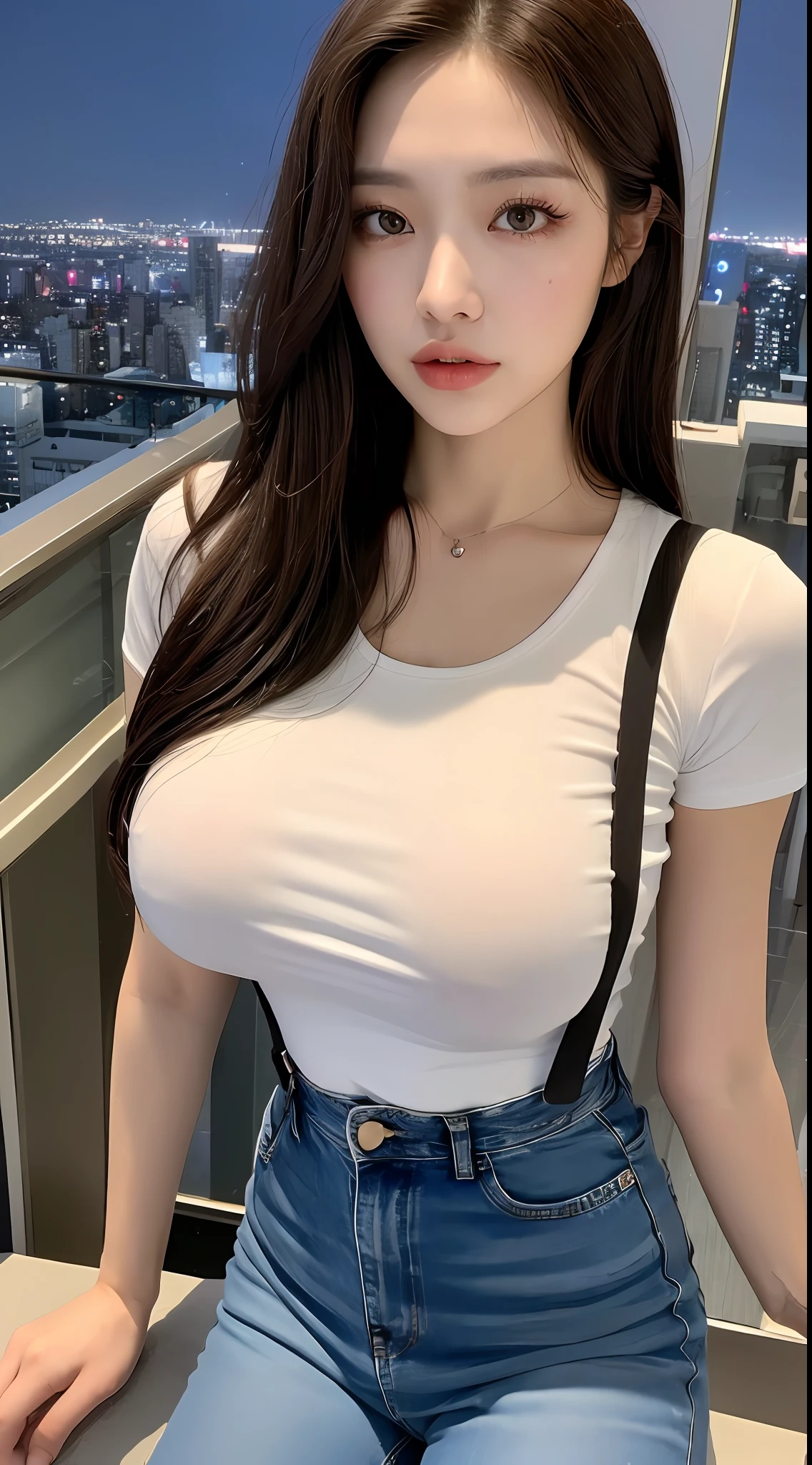 ((Midnight, Best quality, 8k, Masterpiece :1.3)), Whole body, Long legs, Sharp focus :1.2, A pretty woman with perfect figure :1.4, Slender abs :1.1, ((Dark brown hair,Gigantic breasts :1.2)), (White tight tshirt, Jean bib, Standing:1.2), ((Night city view, Rooftop:1.3)), Highly detailed face and skin texture, Detailed eyes, Double eyelid