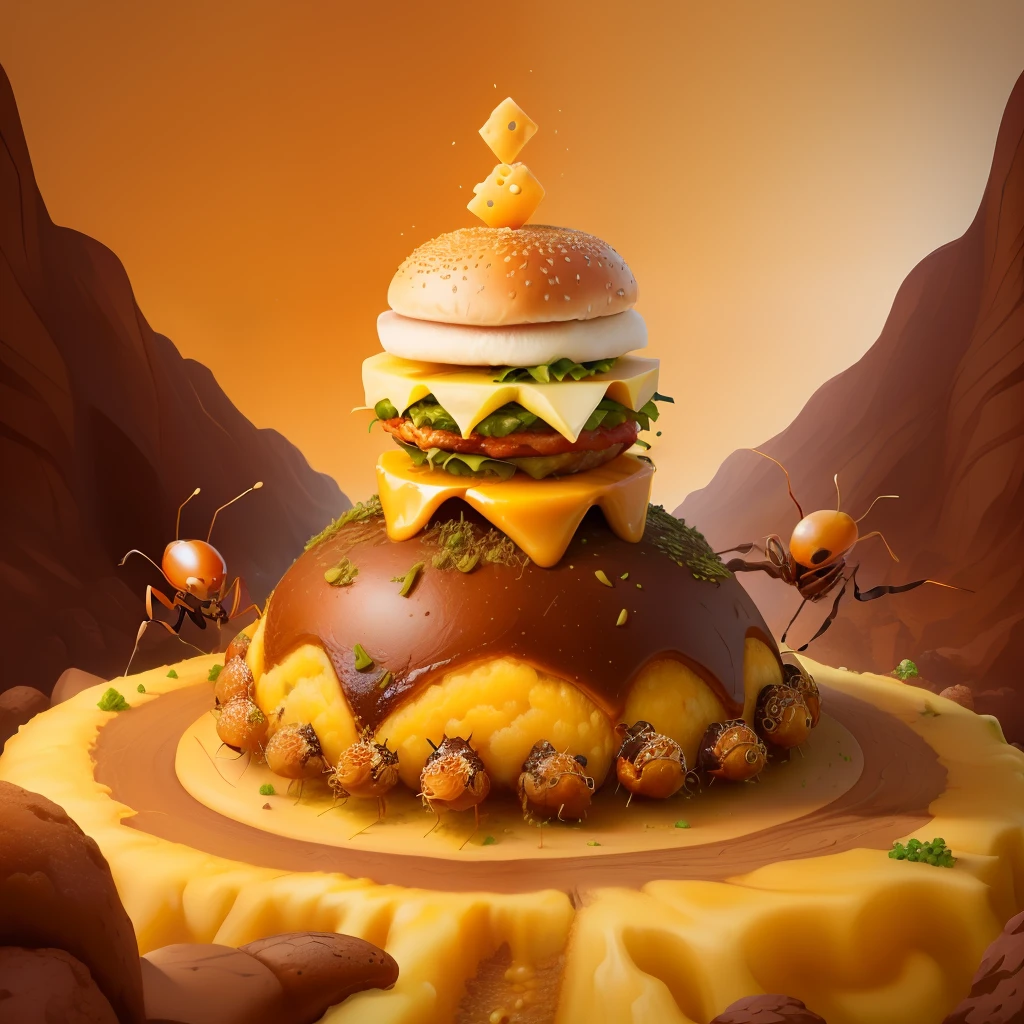 Burger in form of an anthill, dripping cheese, ants running around, zoom in, enlargement, realistic cartoon