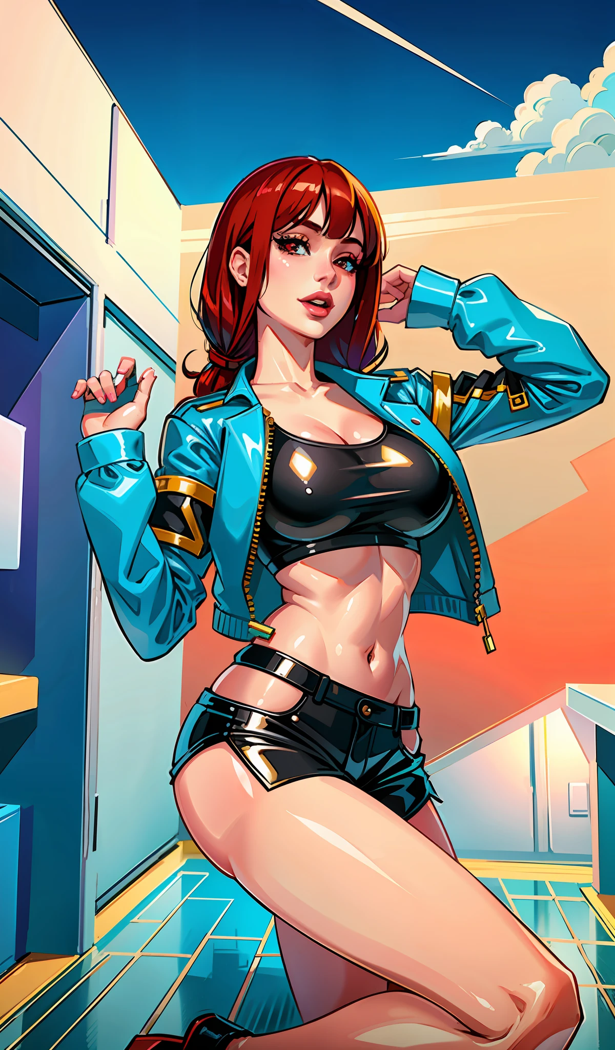 (masterpiece),(best quality:1.0), (ultra highres:1.0), detailed illustration, 8k, anime, 1girl, beautiful anime girl, perfect body, perfect breasts, posing, pretty face, detailed face, beautiful eyes, detailed eyes, dark red eyes, bright red lips, red lipstick, beach, sunny day, bikini, beautiful stylish hair, highlights in hair, bangs anime style, best quality, vibrant