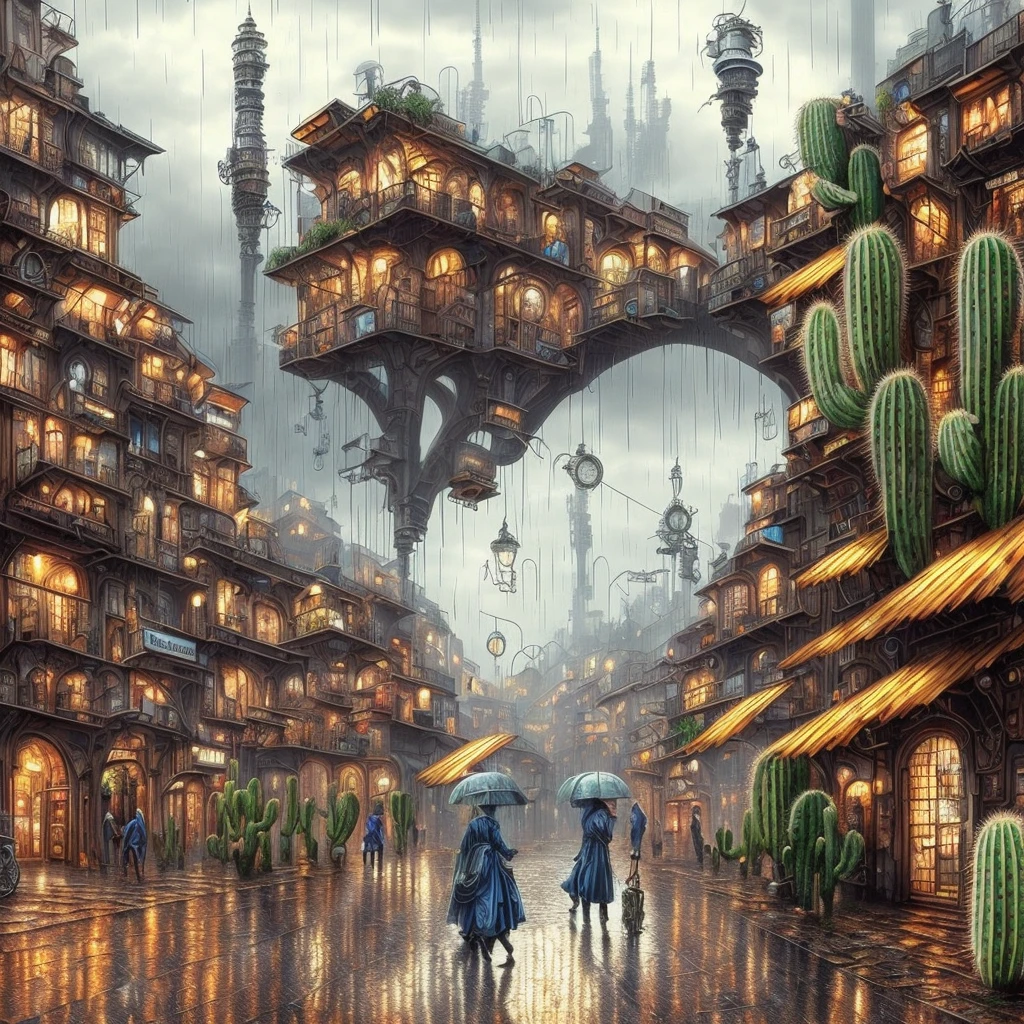 ((masterpiece)), (best quality), (high detail), (realistic), (industrial), (urban), (middle valley), (building street), ((bazaar), (bridge), (rainy day), (steampunk), (European architecture), (cactus),