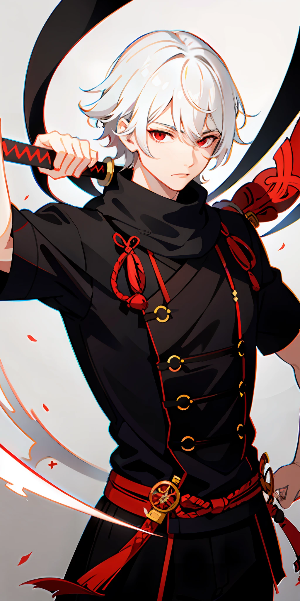 upper body, 1boy, white hair, red eyes, (samurai), katana, scarf, wallpaper, magic circle background, light particles, red fire,