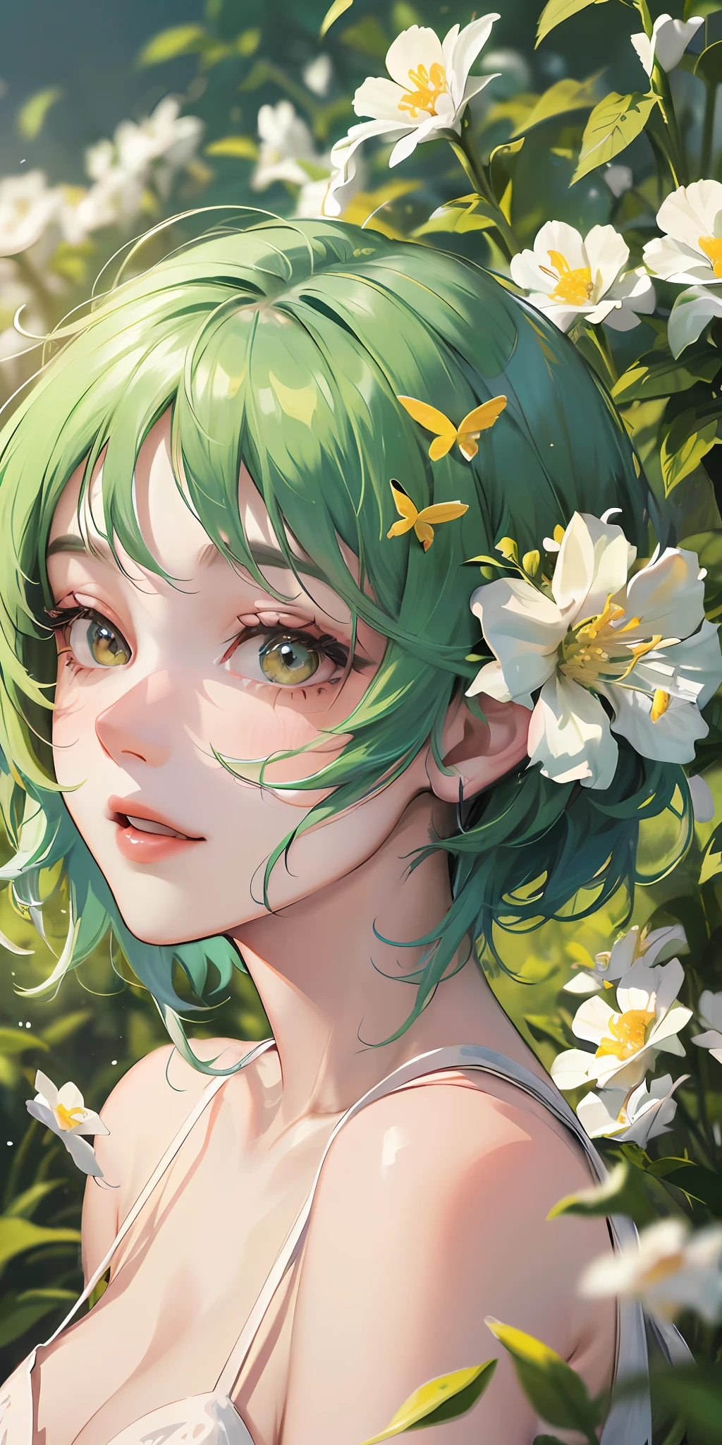 High Detail, Ultra Detail, Ultra High Resolution ,Side Face Girl with short green hair enjoys her time in the open field, surrounded by the beauty of nature, warm sunlight sprinkles on her, white flowers gently sway in the breeze. Butterflies and birds flutter around her, adding to the playful atmosphere ,--v6