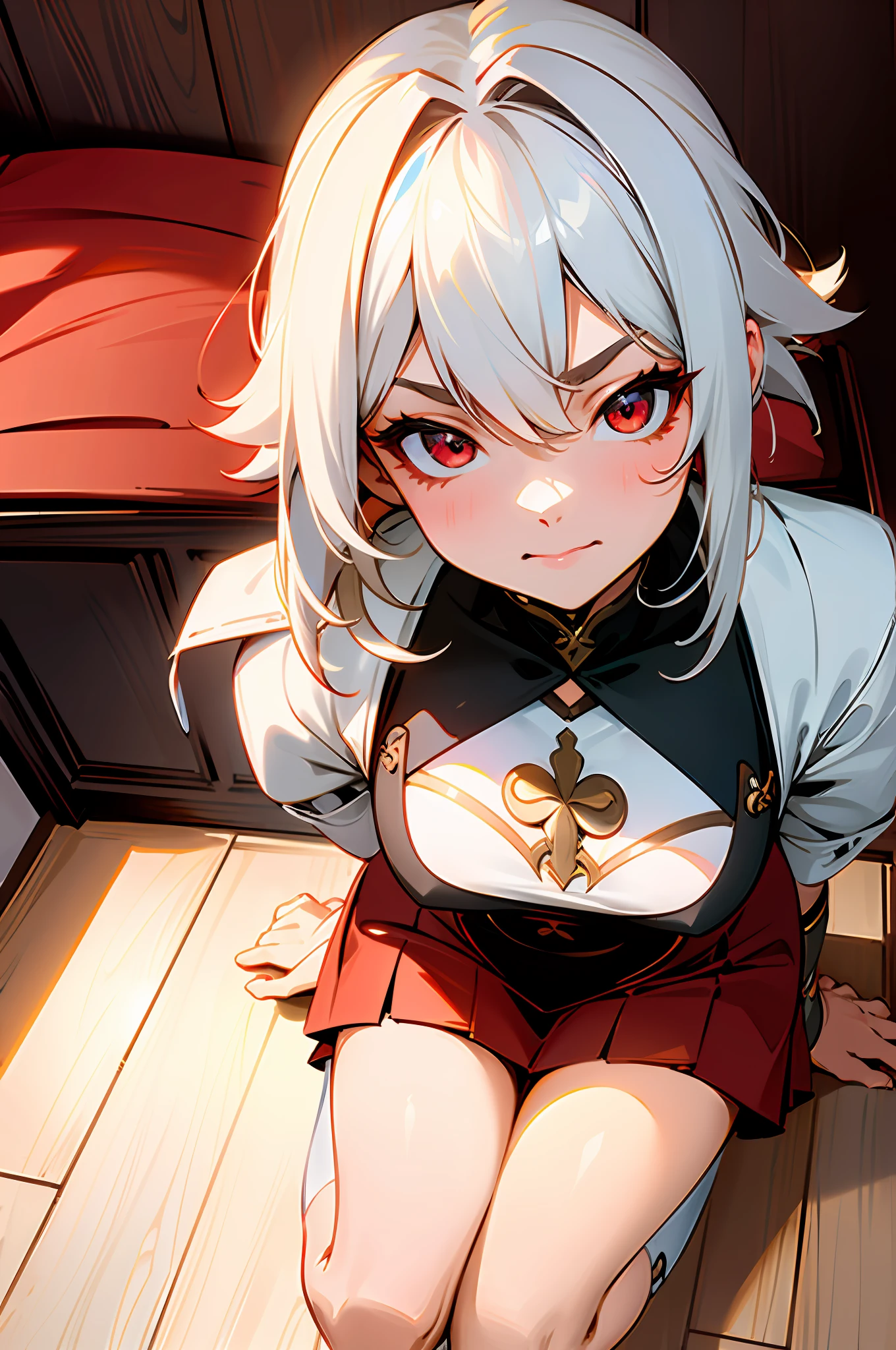 ((masterpiece)), ((high detail)), 1girl, ((ultra-detailed)),((delicate face)), Beautiful detailed eyes, gradient hair,hairs between eyes, GSHead,1girl ,solo,white hair,red eyes,genshin_impact,Wooden room background,look at the viewer,Sitting on a white bed, legs crossed, seductive smiley face,((aggressive face)),Looking up, angle viewer from above,