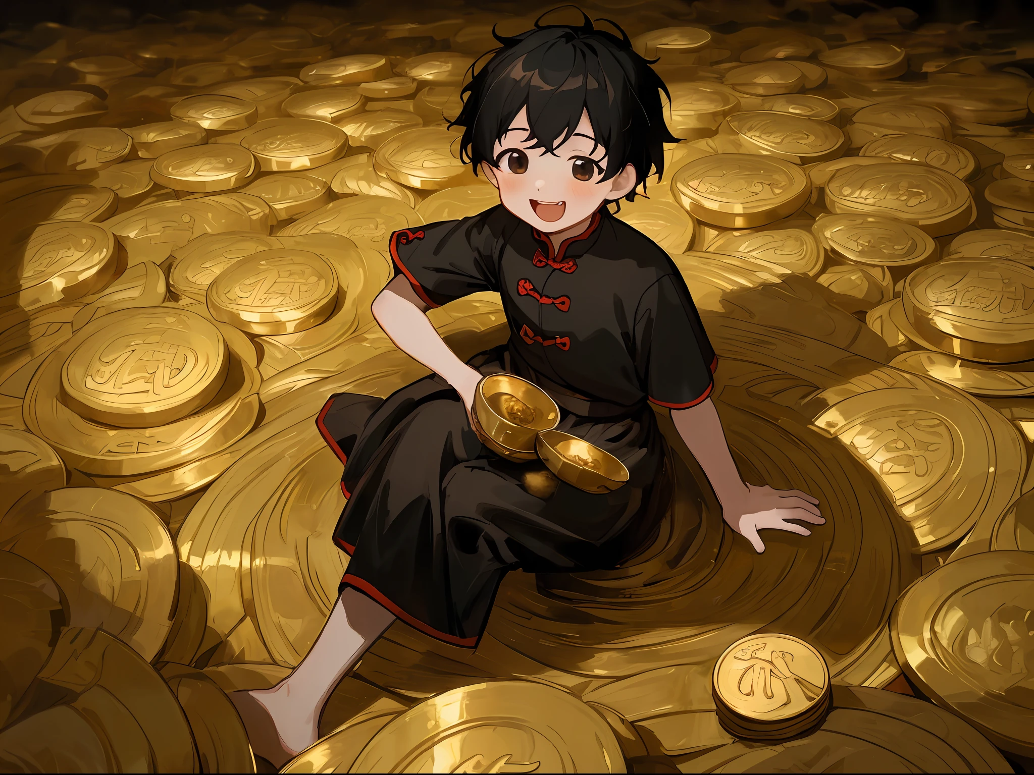 8k, masterpiece, high quality, a boy, black hair and black eyes, oil painting, Q version, red short sleeves, Chinese children's clothing, sitting in a pile of gold coins, countless gold coins, facing (fan) open mouth, laughing