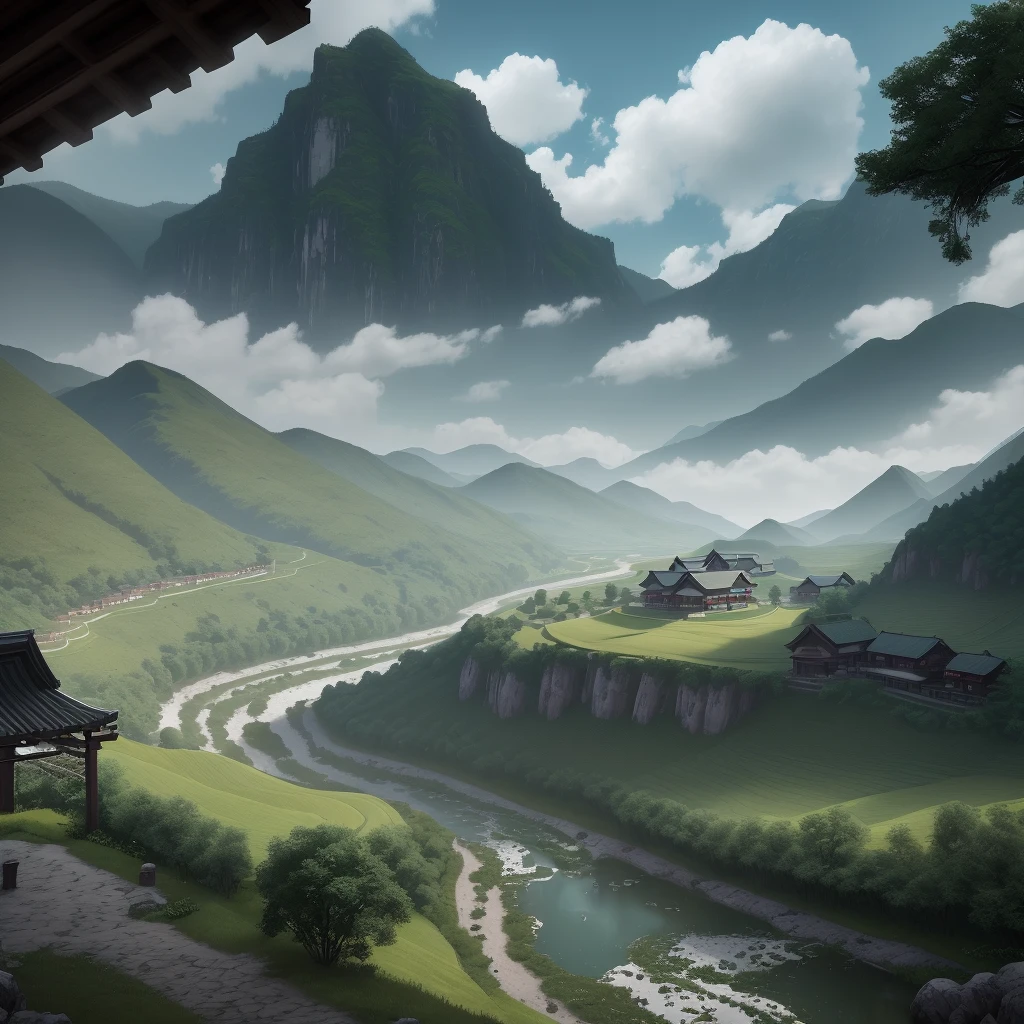 8k, Breath of the Wilderness, Octane Rendering, 3D, Dramatic Lighting, Tao Yuanming's Poetry, Pastoral, Green Mountains in the Distance, Creek Below the Mountain, White Clouds in the Sky, Swallows in the Sky, Village Courtyard, Man Farming, Farming Cows, Flocks