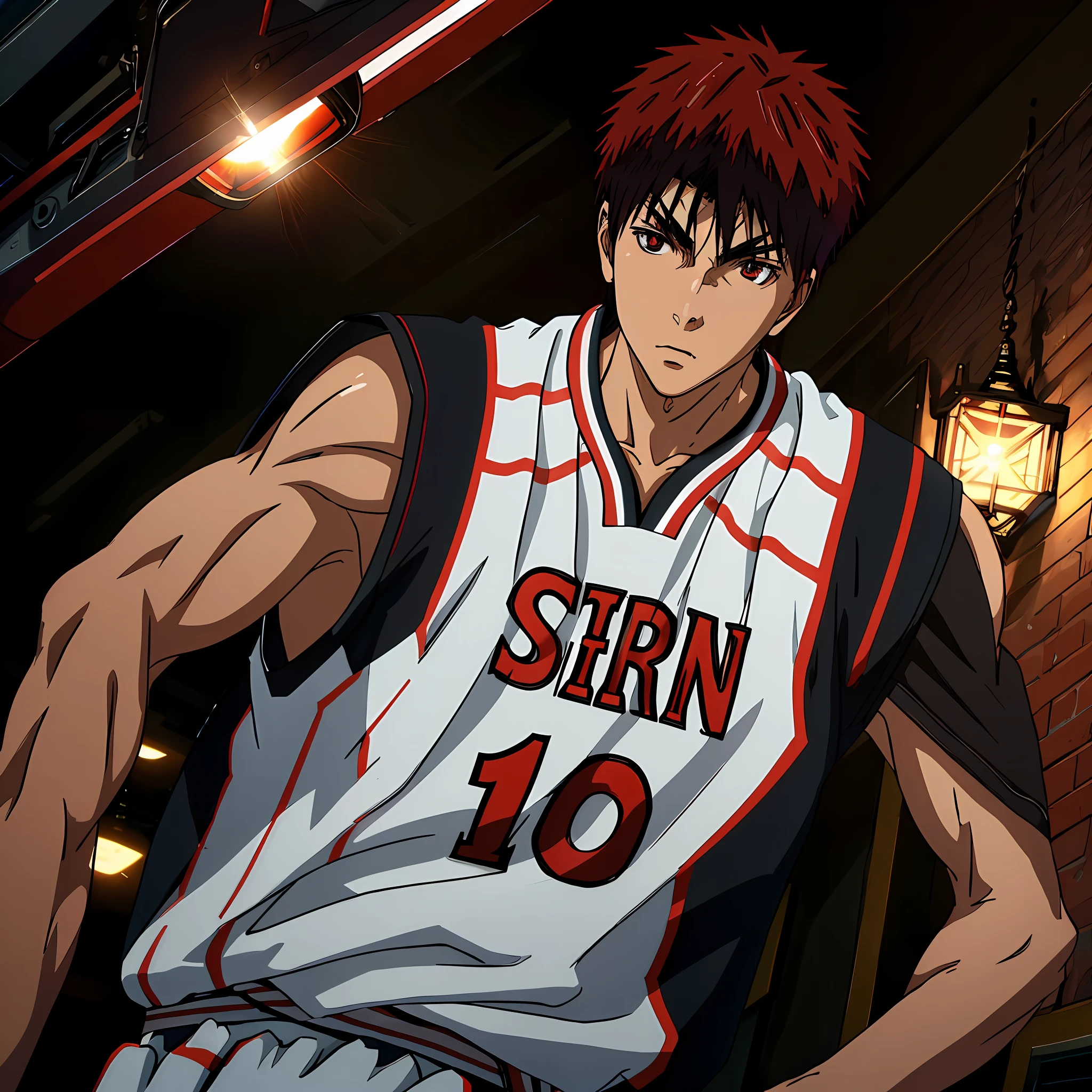 (Masterpiece,best quality:1.2),Anime boy,1boy,solo,eye glare, taiga kagami,white and red basketball uniform,steam coming from body,red eyes, perfect hands,red hair,tall,slim muscular, athletic, highest quality digital art, Stunning art, wallpaper 4k,black and red background, official art for Kuroko no baskete,8k,64k, HD, unparalleled masterpiece, dynamic lighting, cinematic, epic