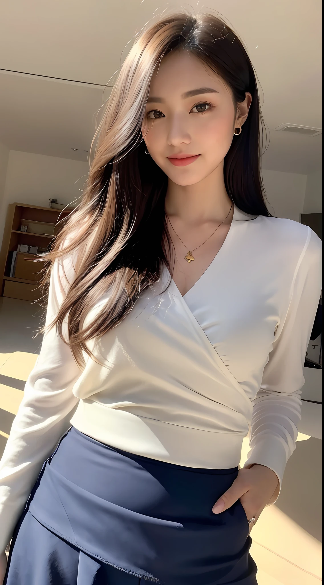 ((Best Quality, 8k, Masterpiece: 1.3)), Focus: 1.2, Perfect Body Beauty: 1.4, Buttocks: 1.2, (Delicate Long Hair)), (Hip Wrap Skirt: 1.1) , (Ship, Sea: 1.3),, Highly detailed face and skin texture, Fine eyes, Double eyelids, Whitened skin, Smile, Wearing necklace, ring