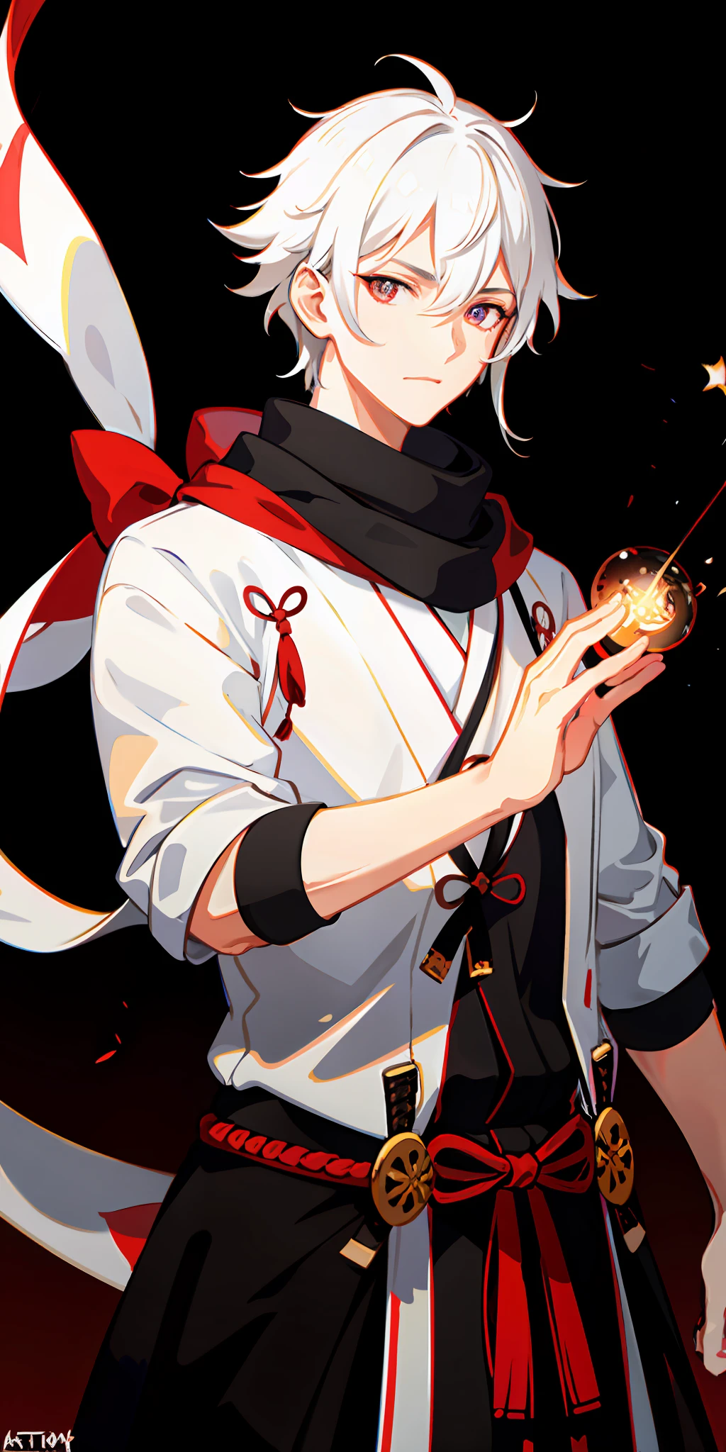 upper body, 1boy, white hair, red eyes, (samurai), katana, scarf, wallpaper, magic circle background, light particles, red fire,