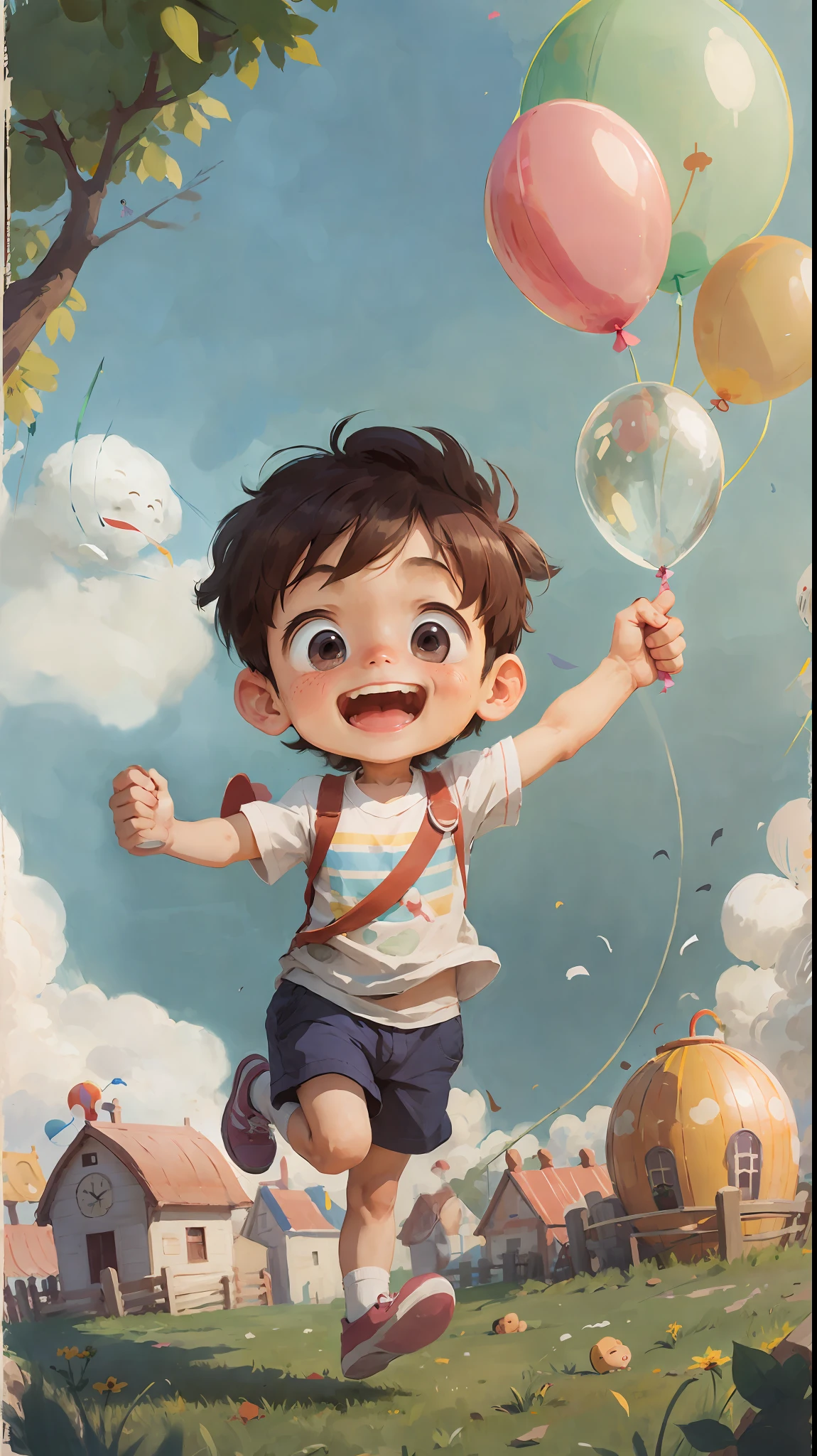 Poster making, Children's Day, in the amusement park, a little boy holding a balloon, happy, jumping, happy --v 6