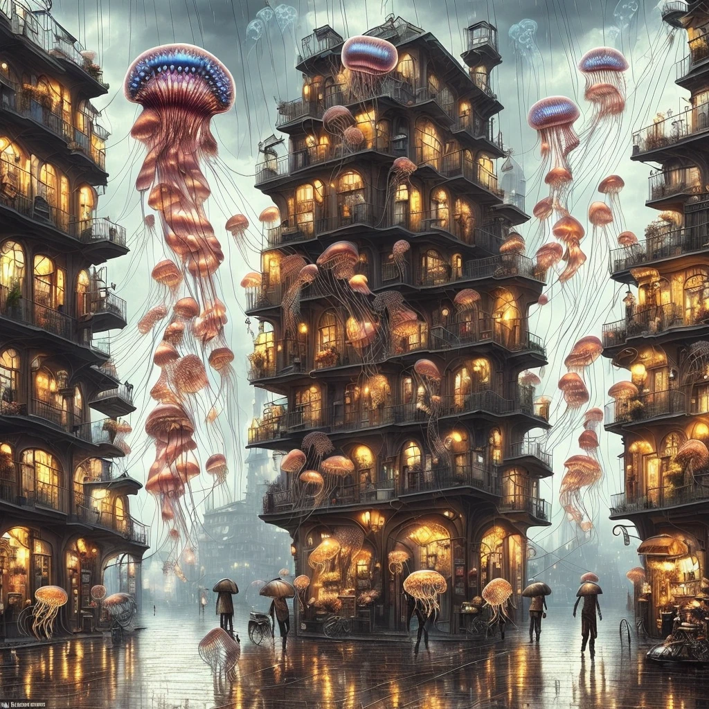 ((masterpiece)), (best quality), (high detail), (realistic), (industrial), (urban), (middle valley), (building street), ((bazaar), (bridge), (rainy day), (steampunk), (European architecture), ((floating jellyfish))),