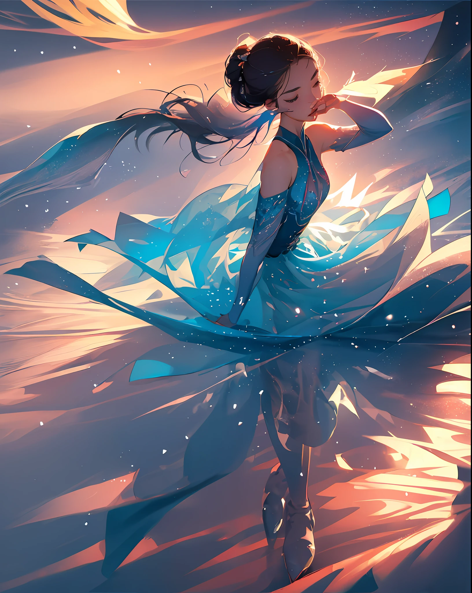 artwork of a pretty figure skater, (adult), striking, artistic composition, emotional, active, motion, particles,masterpiece,highest quality,1girl,(close up),magical,beautiful dress,motion blur,field of view