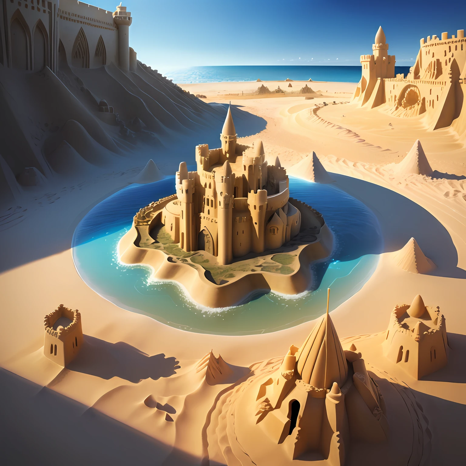 hyper realistic sandcastle planet with moats