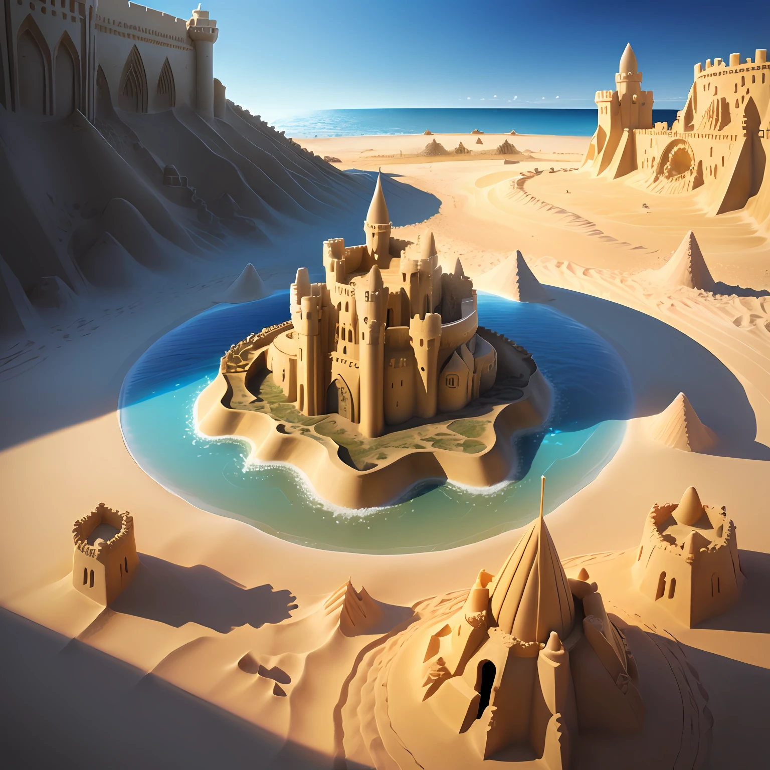 hyper realistic sandcastle planet with moats