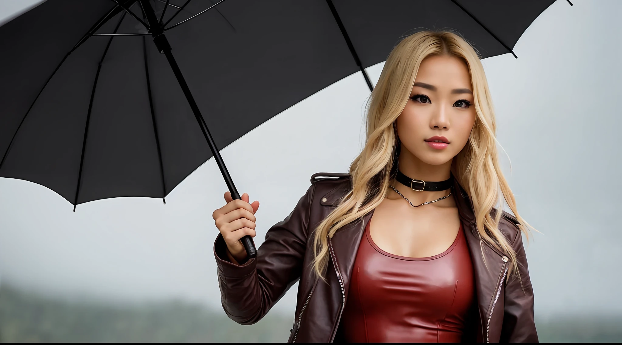a beautiful young Asian woman with blond hair and a bodybuilder physique, wearing a leather jacket on a white top with exposed belly, holding an umbrella on a rainy day, cinematic medium close-up portrait, Key light, backlight, natural lighting, photography 400 ISO film grain 30mm lens RAW aperture f1.8, art photographer, movie still poster from Lord of the Rings, medium intricate print, choker