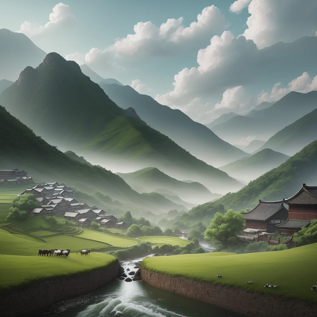 8k, Breath of the Wilderness, Dramatic Lighting, 3D, Tao Yuanming's poetry, pastoral, green mountains in the distance, streams under the mountains, white clouds in the sky, swallows in the sky, village courtyards, ploughing cattle, flocks