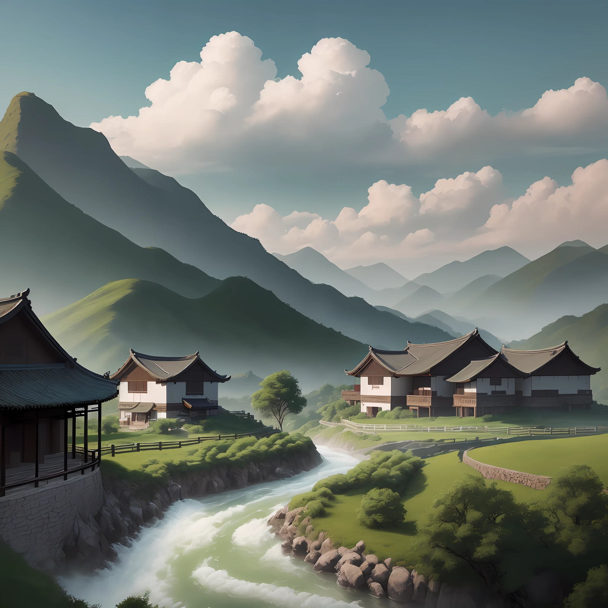 8k, Breath of the Wilderness, Dramatic Lighting, Tao Yuanming's Poetry, Pastoral, Green Mountains in the Distance, Streams Under the Mountains, White Clouds in the Sky, Swallows in the Sky, Village Courtyard, Cultivating Cattle, Flocks