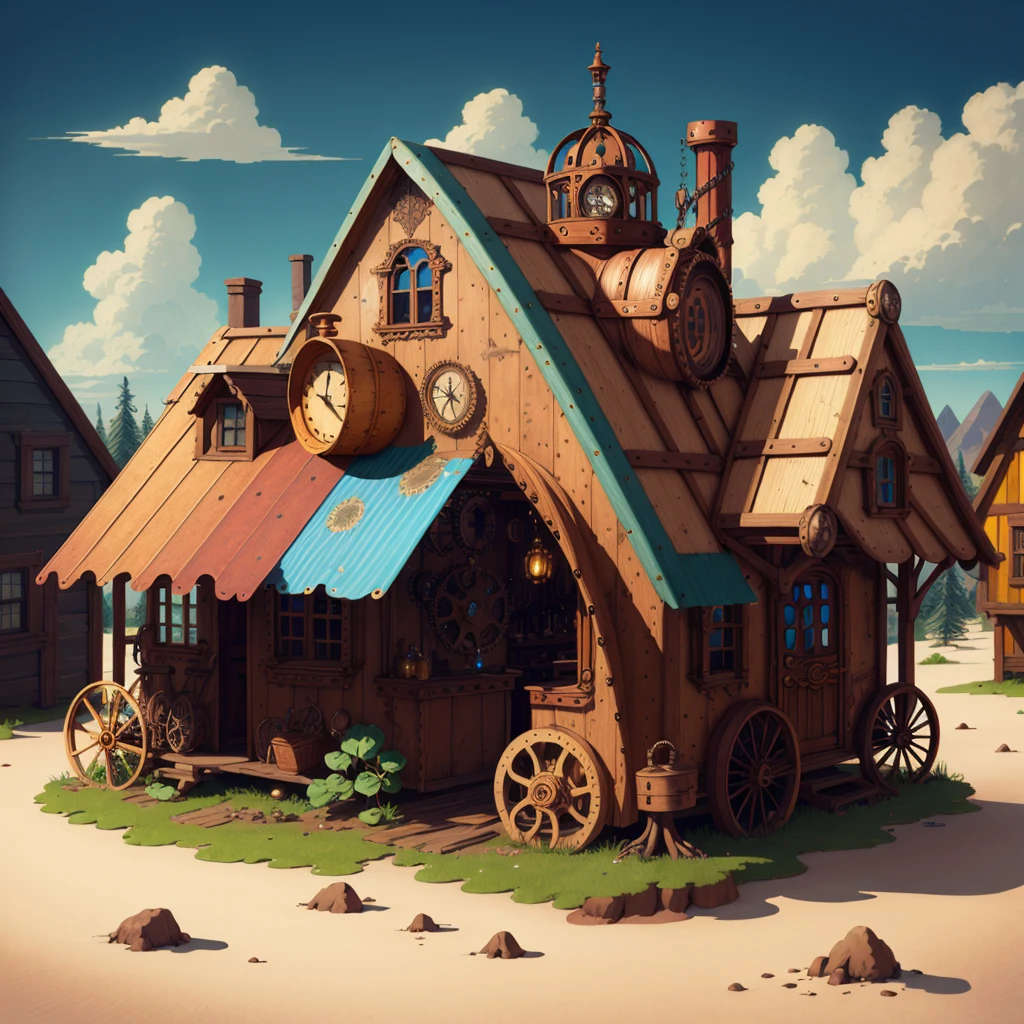 steampunk AI, candy hut, surreal, colorful, steampunk, intricate design, very detailed, exquisite details,