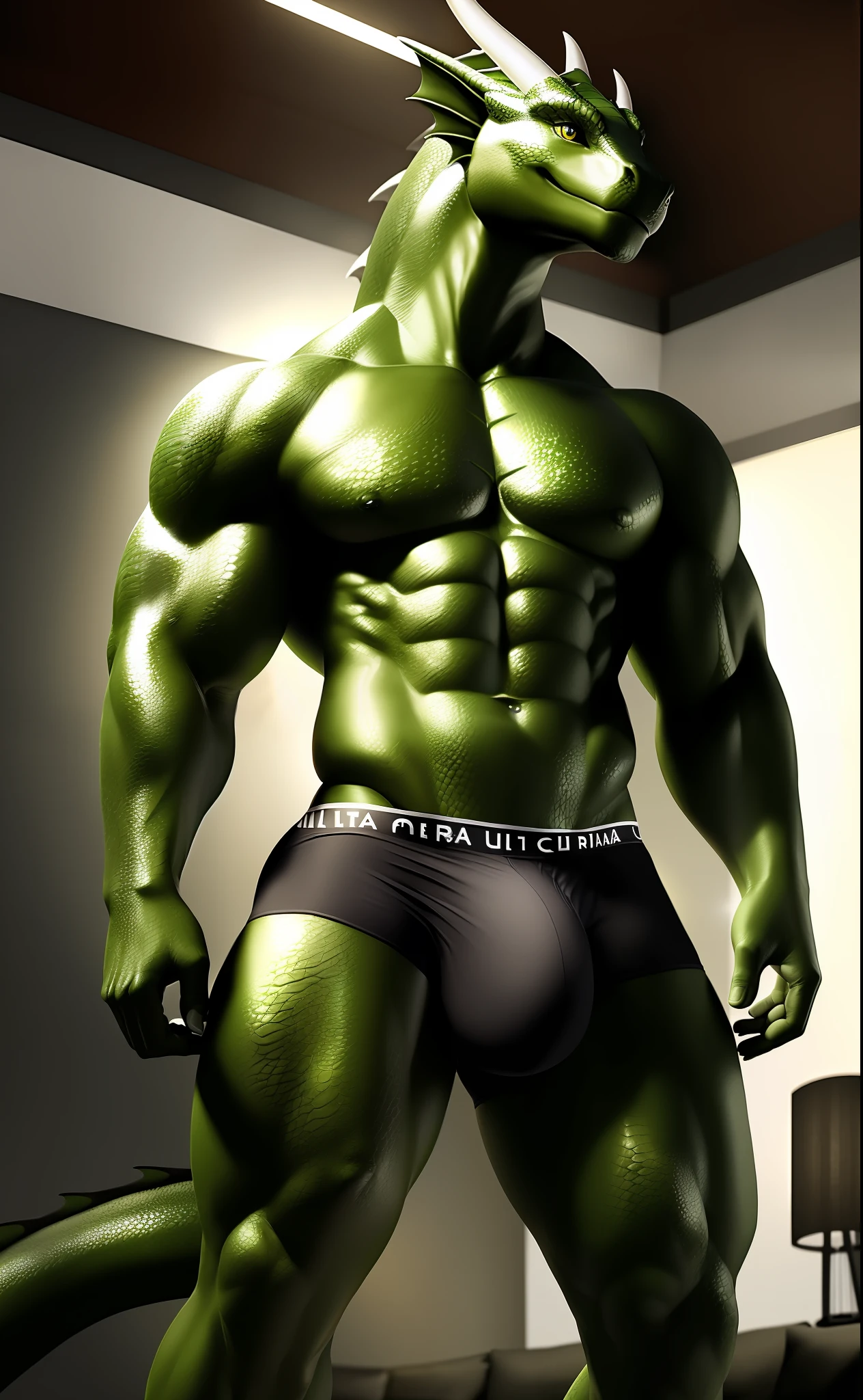 ((ultra realistic, masterpiece, cinematic lighting, extreme detail, realistic detailed scale, realistic shaders)), (dragon), with head and belly with green scales, arms and legs with black scales, antrum, pose, (smiling, beautiful), (detailed face, detailed eyes), front view, full body, (large pectorals), (top clothing), (briefs briefs), detailed background, tight underwear, large bulge, small dragon claws, contour of bulge, dragon's tail, (venous muscles), erection inside underwear, touching erection