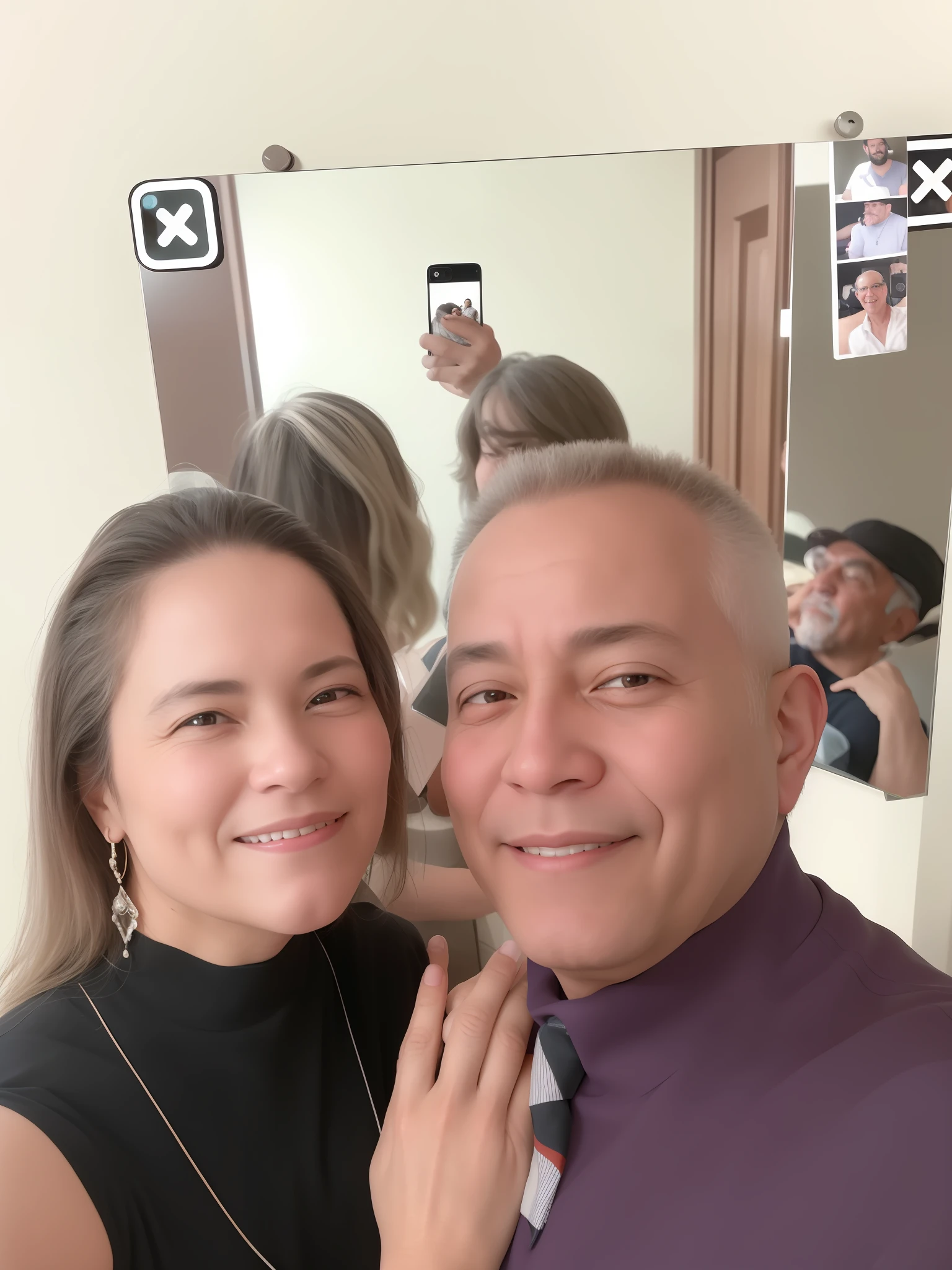 they are posing for a photo in front of a mirror, 8k selfie photography, profile picture, by Nándor Katona, mom and dad, david rios ferreira, realistic photo, post 4k, post 4k, photo taken in 2 0 2 0, taken in early 2020, andrea rocha, very low quality photo