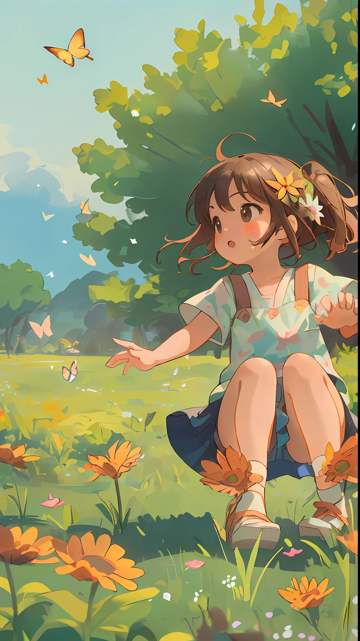 High Detail, Ultra Detail, Ultra High Resolution A cute and innocent girl, toddlering her time in the open field, surrounded by the beauty of nature, warm sun sprinkling on her, wildflowers gently swaying in the breeze. Butterflies and birds flutter around her, adding to the playful atmosphere
