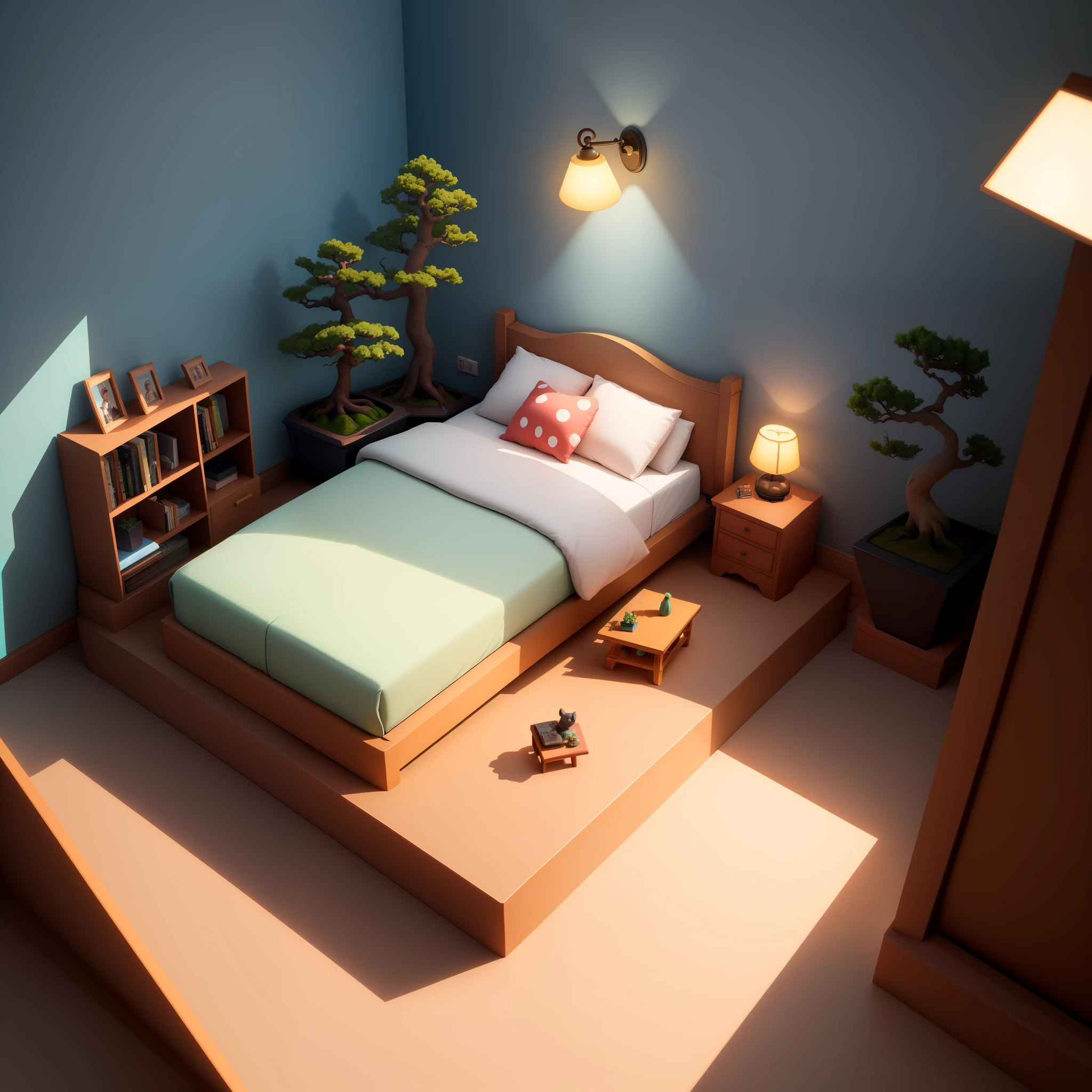 (isometric perspective: 1.5), cartoon style, room, bed, sofa, (small bonsai: 0.8), lamp, TV, mural, 3D, Disney, panorama, white background, monochrome background, global illumination, ray tracing, modeling, HDR, octane rendering, Unreal rendering, behance, dribbble, artstation, best quality, 8k