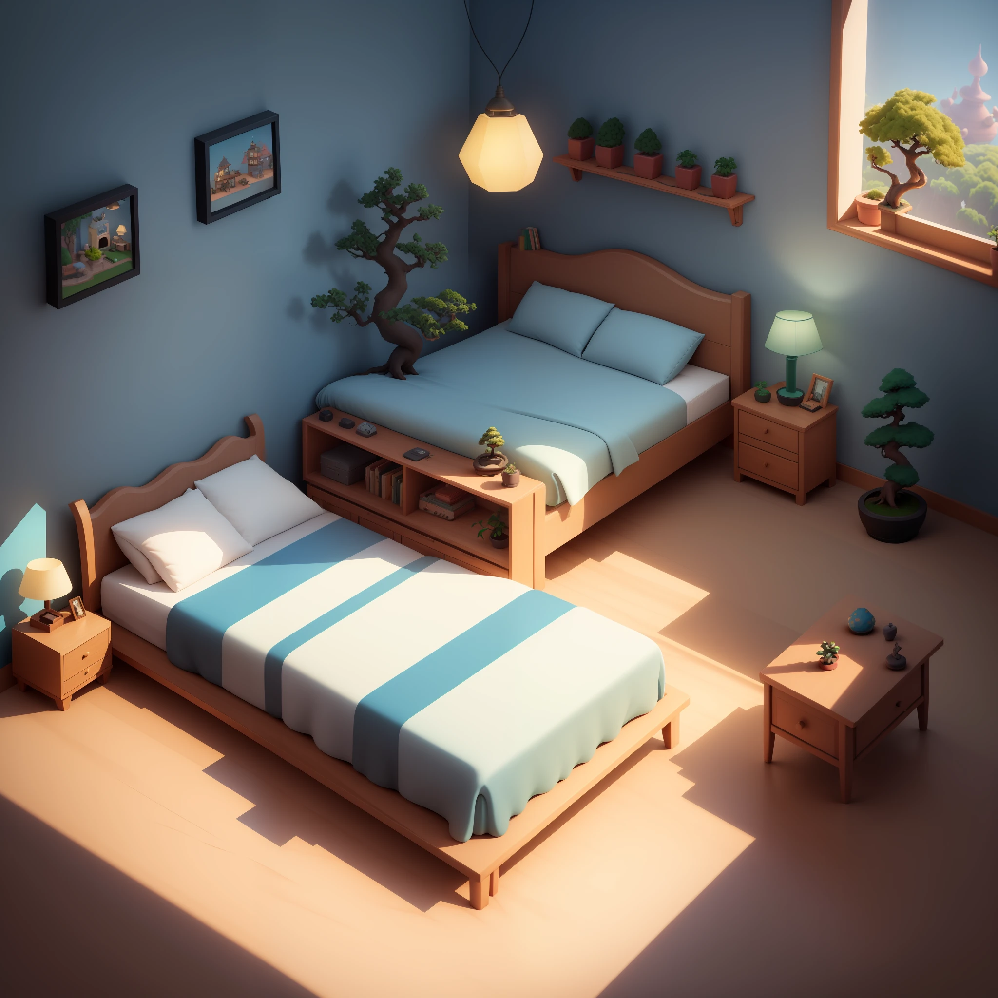 (isometric perspective: 1.5), cartoon style, room, bed, sofa, (small bonsai: 0.8), lamp, TV, mural, 3D, Disney, panorama, white background, monochrome background, global illumination, ray tracing, modeling, HDR, octane rendering, Unreal rendering, behance, dribbble, artstation, best quality, 8k